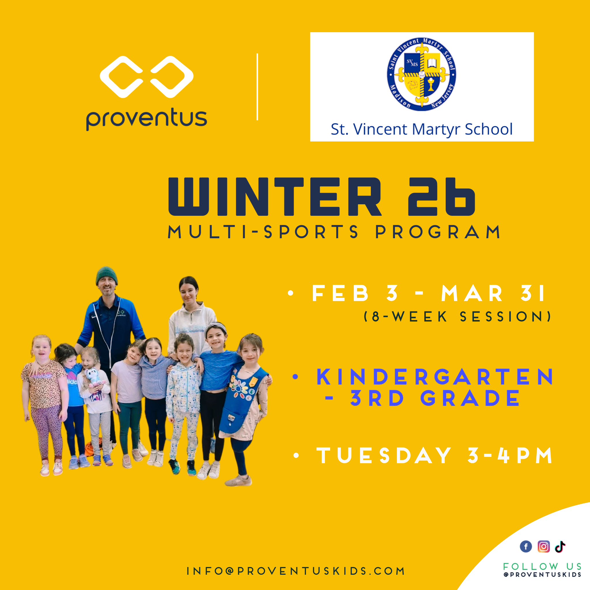 Flyer for Winter 26 Multi-Sports Program at St. Vincent Martyr School, running from February 3 to March 31, with weekly sessions on Tuesdays from 3 to 4 PM, featuring a group of children and two adults, set against a yellow background with logos and social media icons.