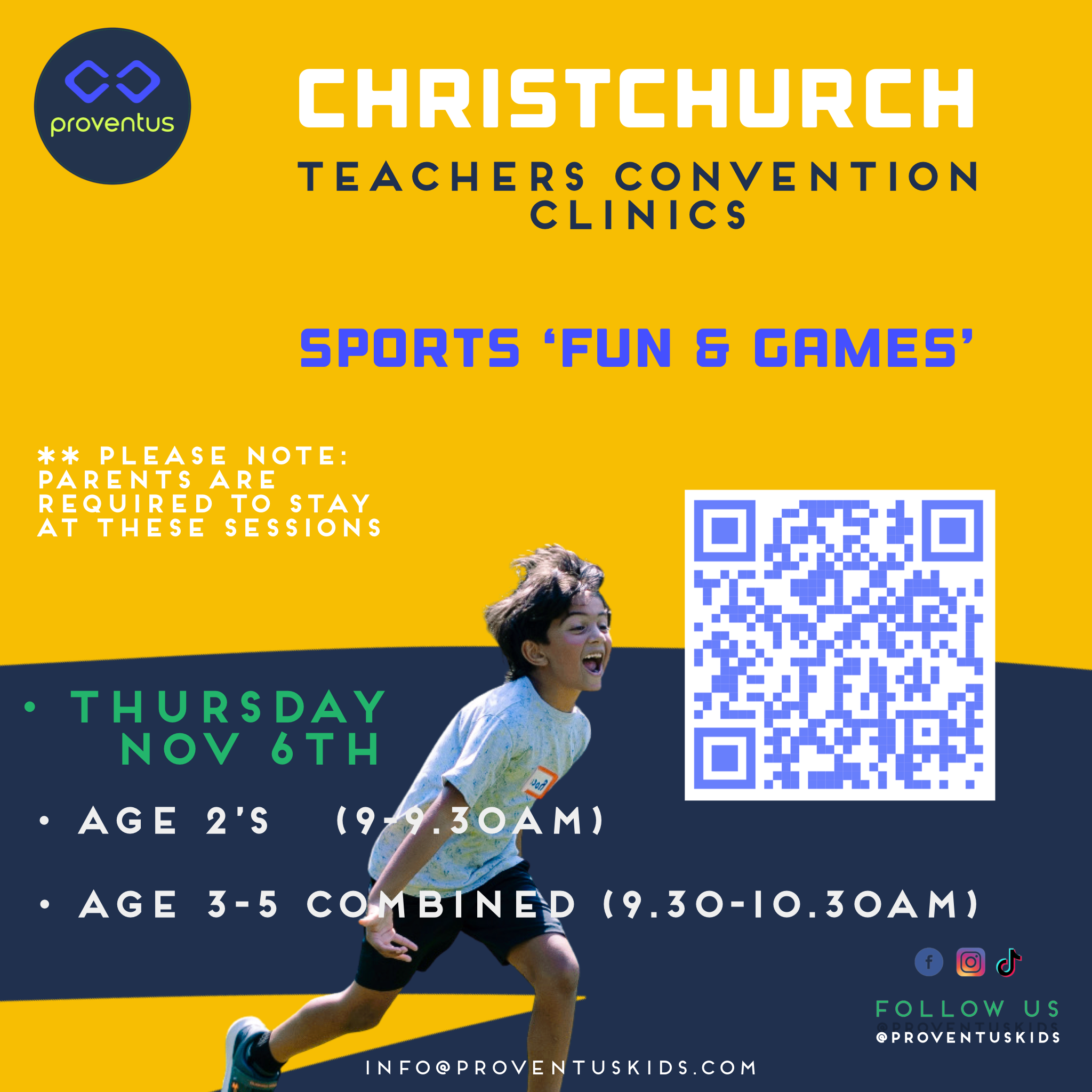 Flyer for Christchurch Teachers Convention Clinics featuring a child running, with a QR code on the right side, event details and social media icons at the bottom.
