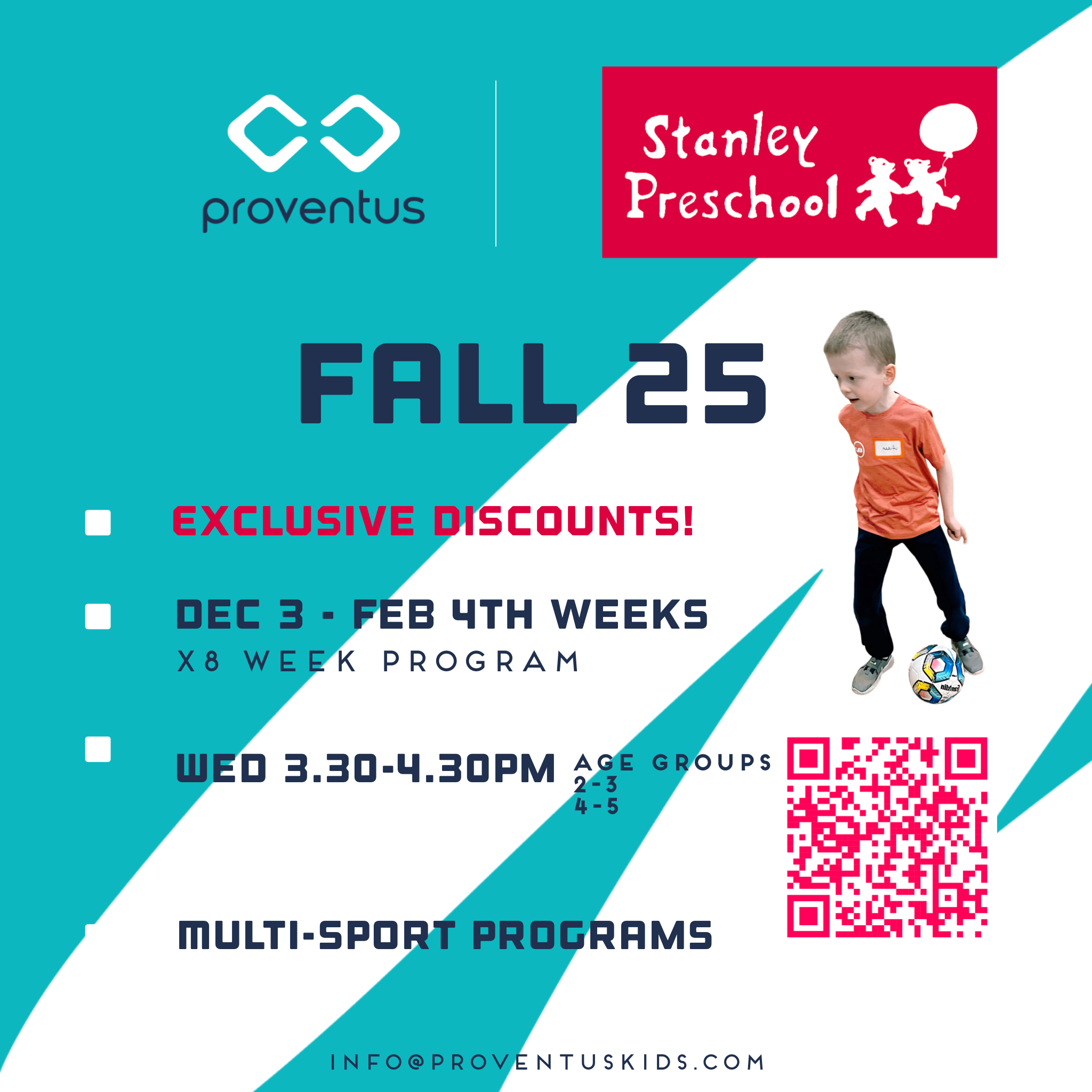 Flyer for Stanley Preschool fall 2023 soccer program with discounts, dates from December 3 to February 4, 8-week program, Wednesday 3:30 to 4:30 PM, for age groups 2-3 and 4-5, featuring a child in an orange shirt playing with a soccer ball.