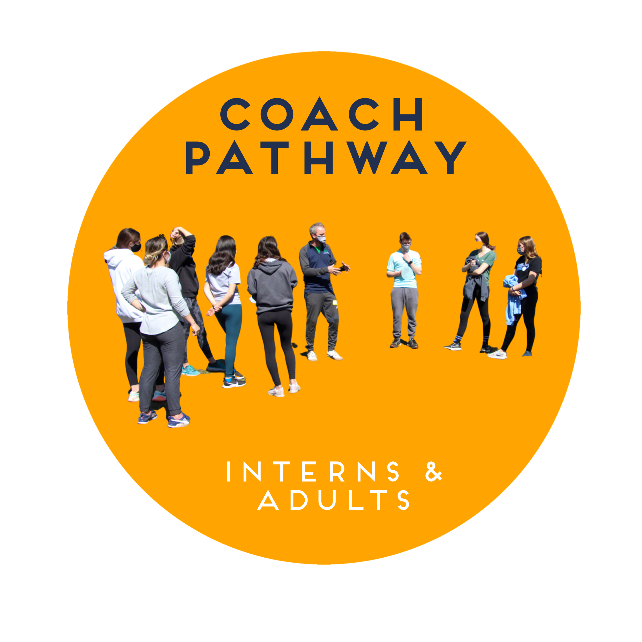 Group of people listening to a presenter at Coach Pathway Interns and Adults event, outdoor, wearing masks, standing on orange background.