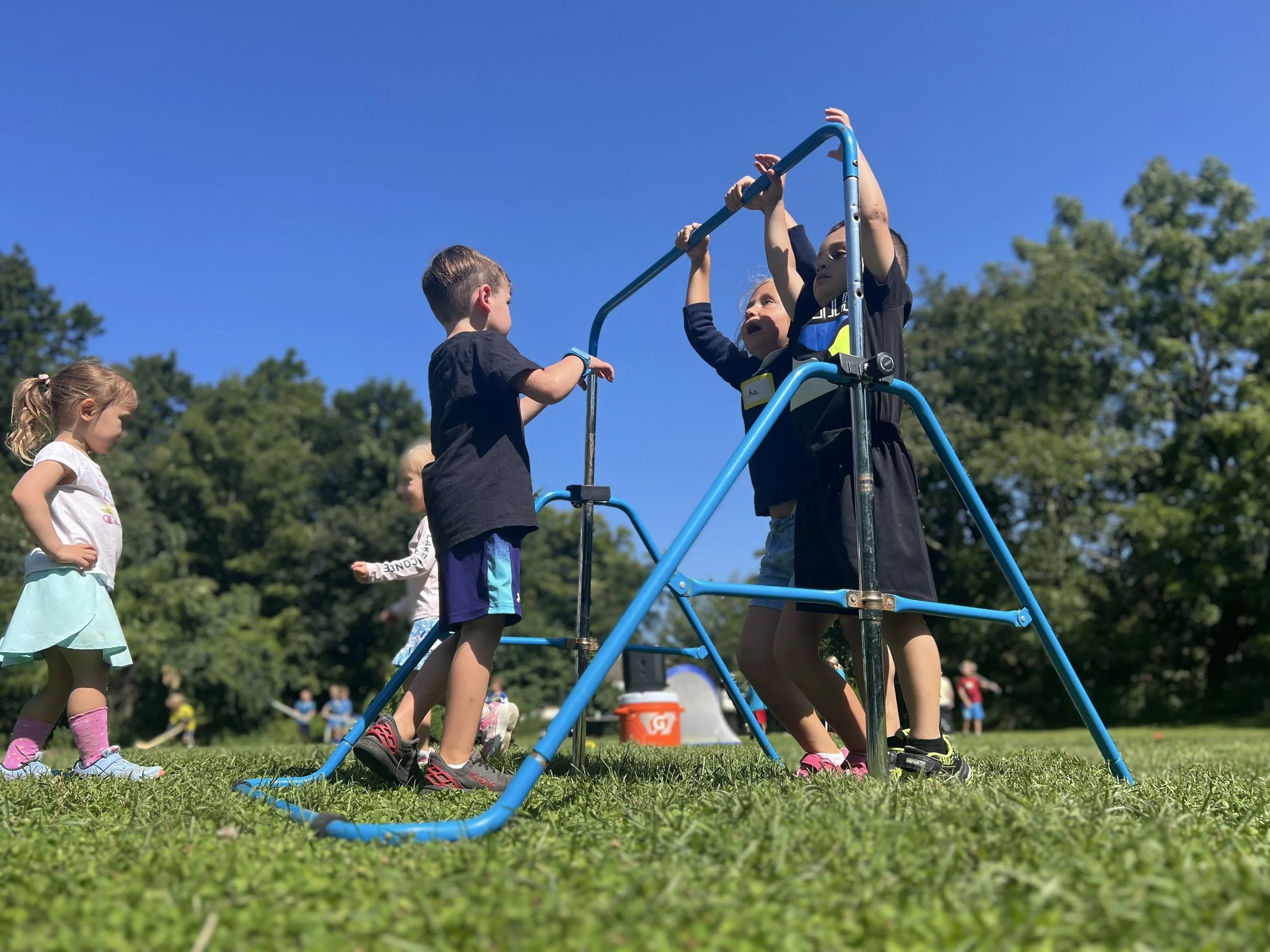 Children playing on a blue jungle gym outdoors on a sunny day.