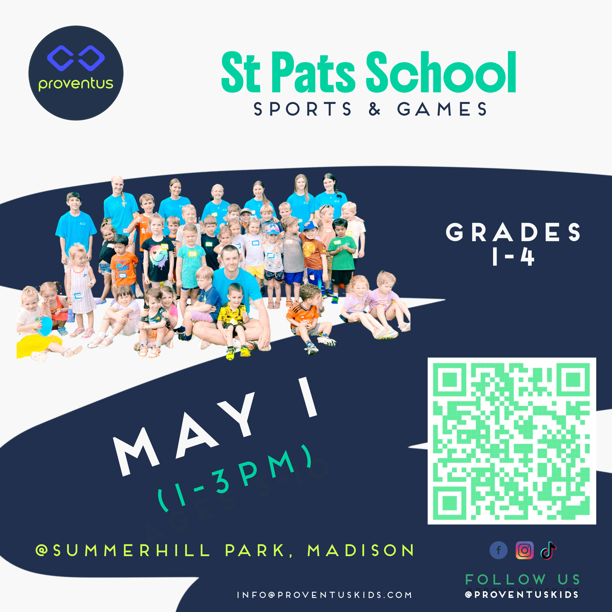 A promotional poster featuring a large group of children and adults in blue shirts, with event details about a sports and games day at Summerhill Park, Madison, including social media icons and a QR code.