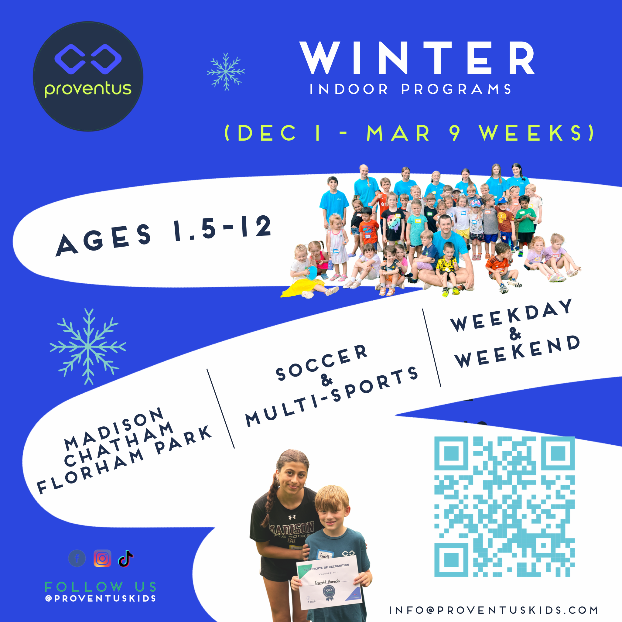 A colorful flyer advertising winter indoor programs for children aged 1.5 to 12, running from December 1 to March 9, with activities including soccer, multi-sports, and weekday and weekend sessions, featuring a group photo of children and instructors, a QR code, and social media icons.