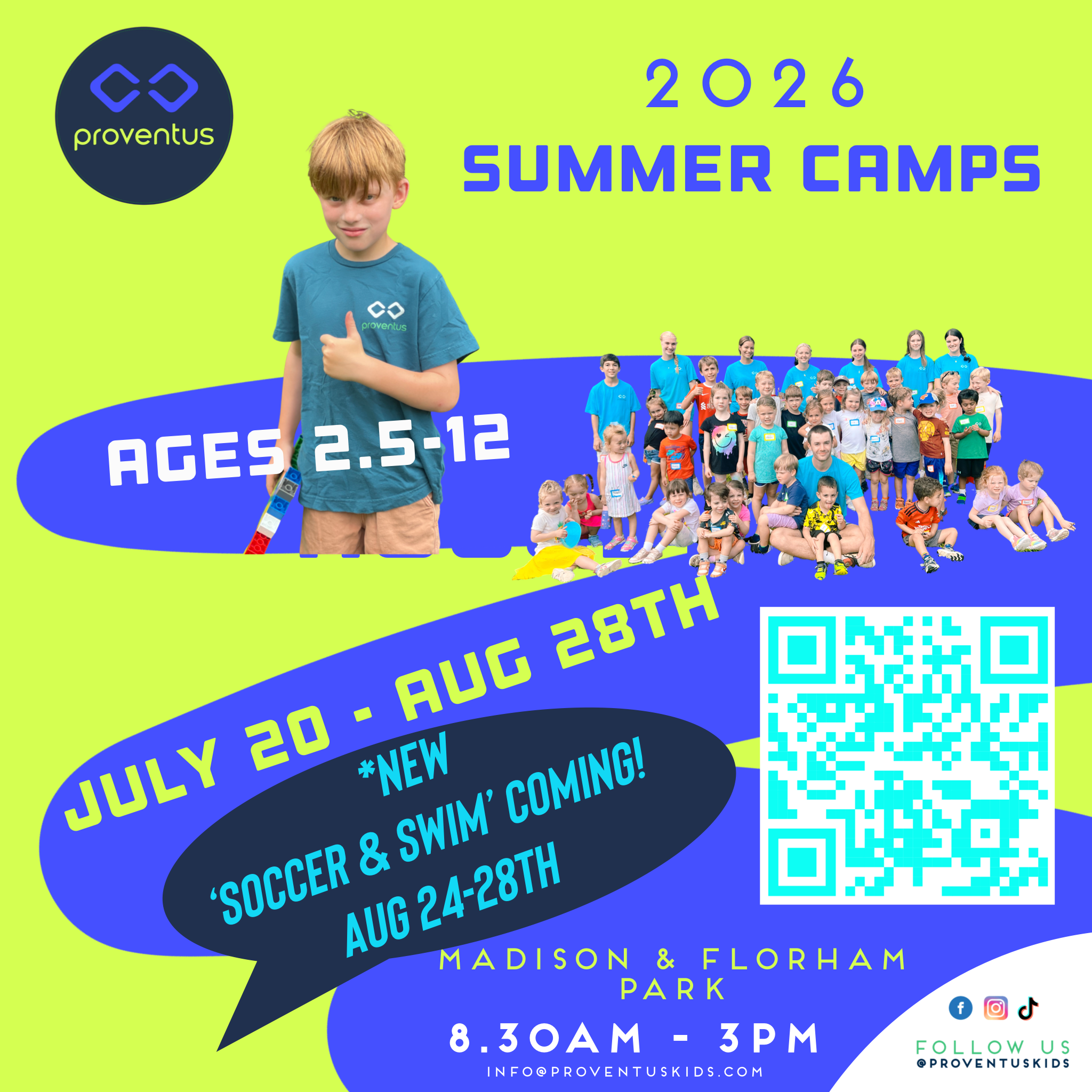 An advertisement for 2026 summer camps organized by Proventus Kids, featuring a boy giving a thumbs-up and a group of children and camp staff, with details about the dates, location, and age groups. Madison and Florham Park