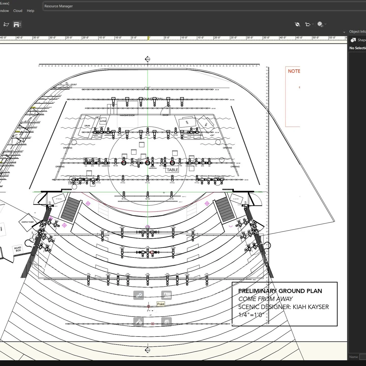 starting my office hours for 2026 with @vectorworks, importing a preliminary pdf ground plan for Come From Away at @meadowbrooktheatre to start moving some lights around and get an idea of the space. So excited to be working on this show.