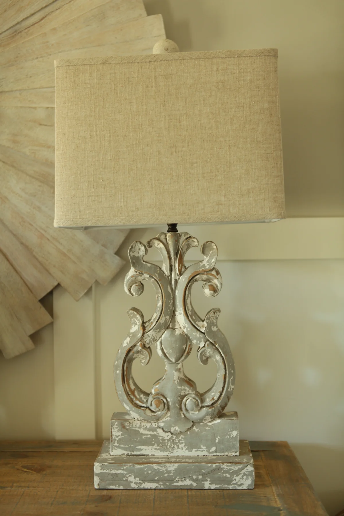 Wood Scroll Buffet Lamp with Linen Shade 