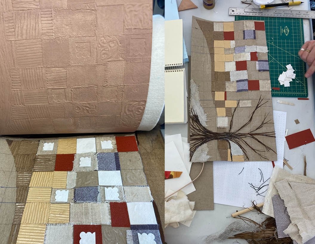 The image on the left shows the freshly embossed leather being separated from the embossing plate after going through the printing press. The image on the right shows the student's desk as they were building the embossing plate.
