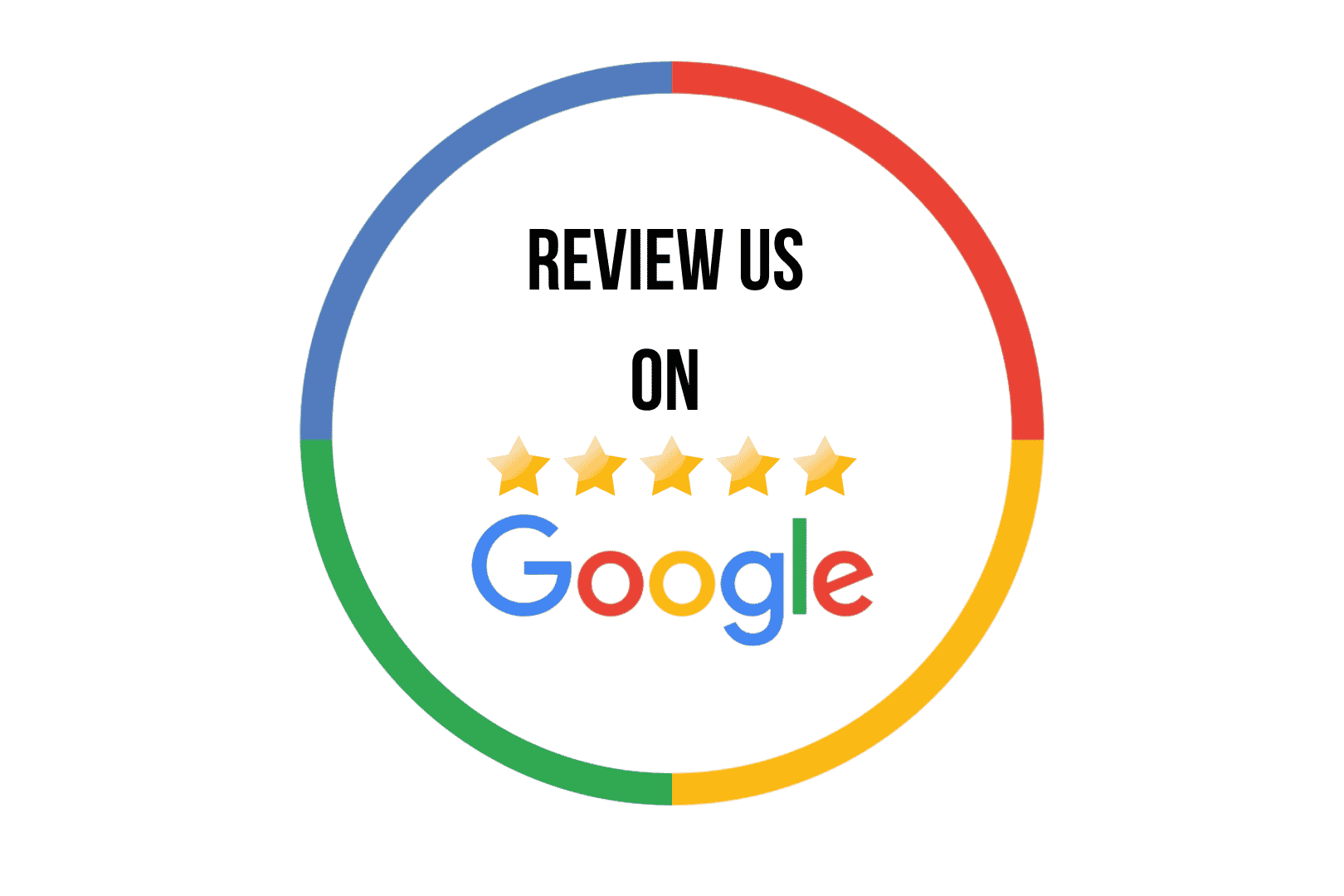 Circular graphic with a multicolored border resembling the Google logo colors, containing the text "REVIEW US ON" in black, five gold stars, and the Google logo below.
