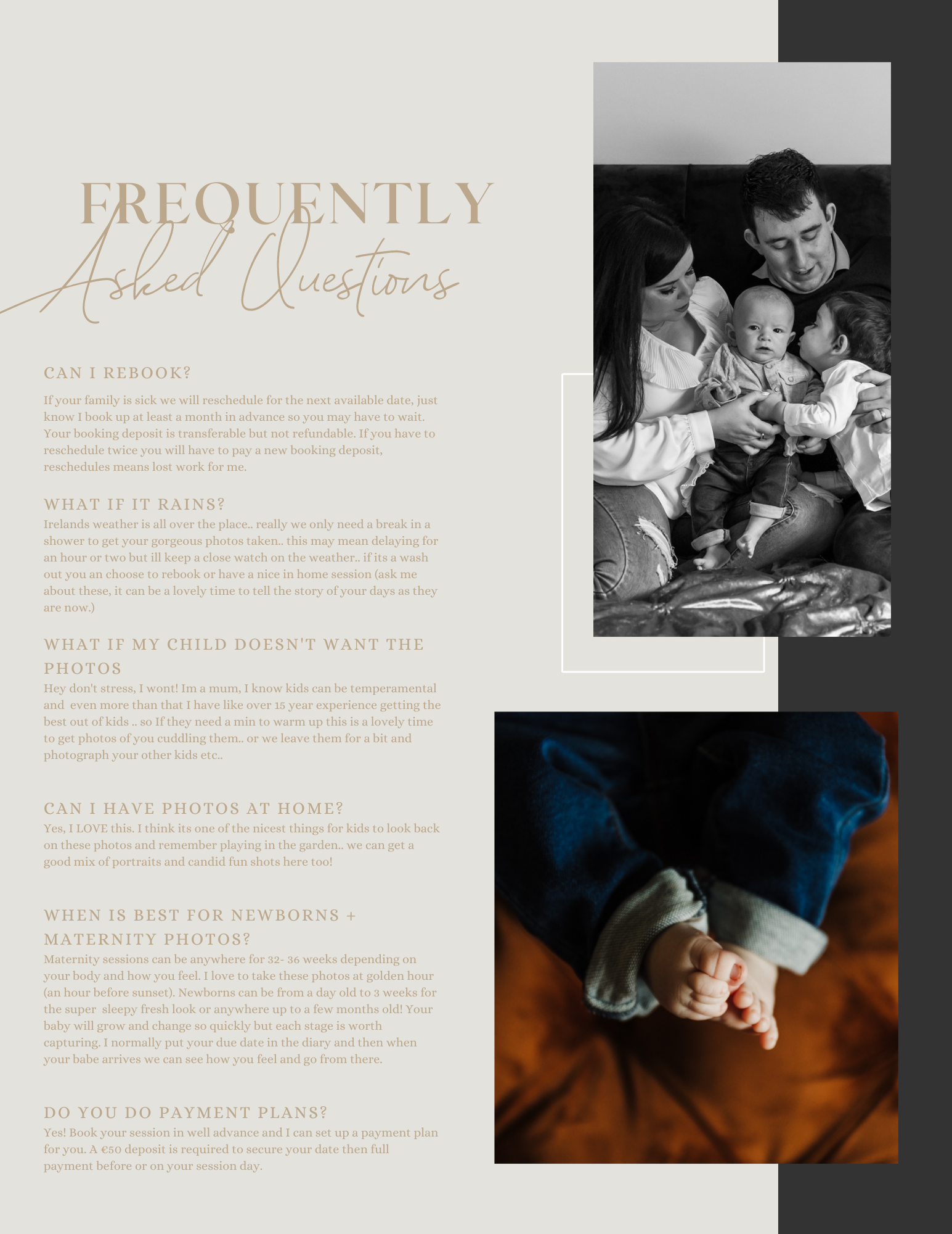 A flyer titled 'Frequently Asked Questions' with a black-and-white photo of a family with two children sitting together on a couch, and a color photo of a baby's tiny hand, with light beige and dark accents.
