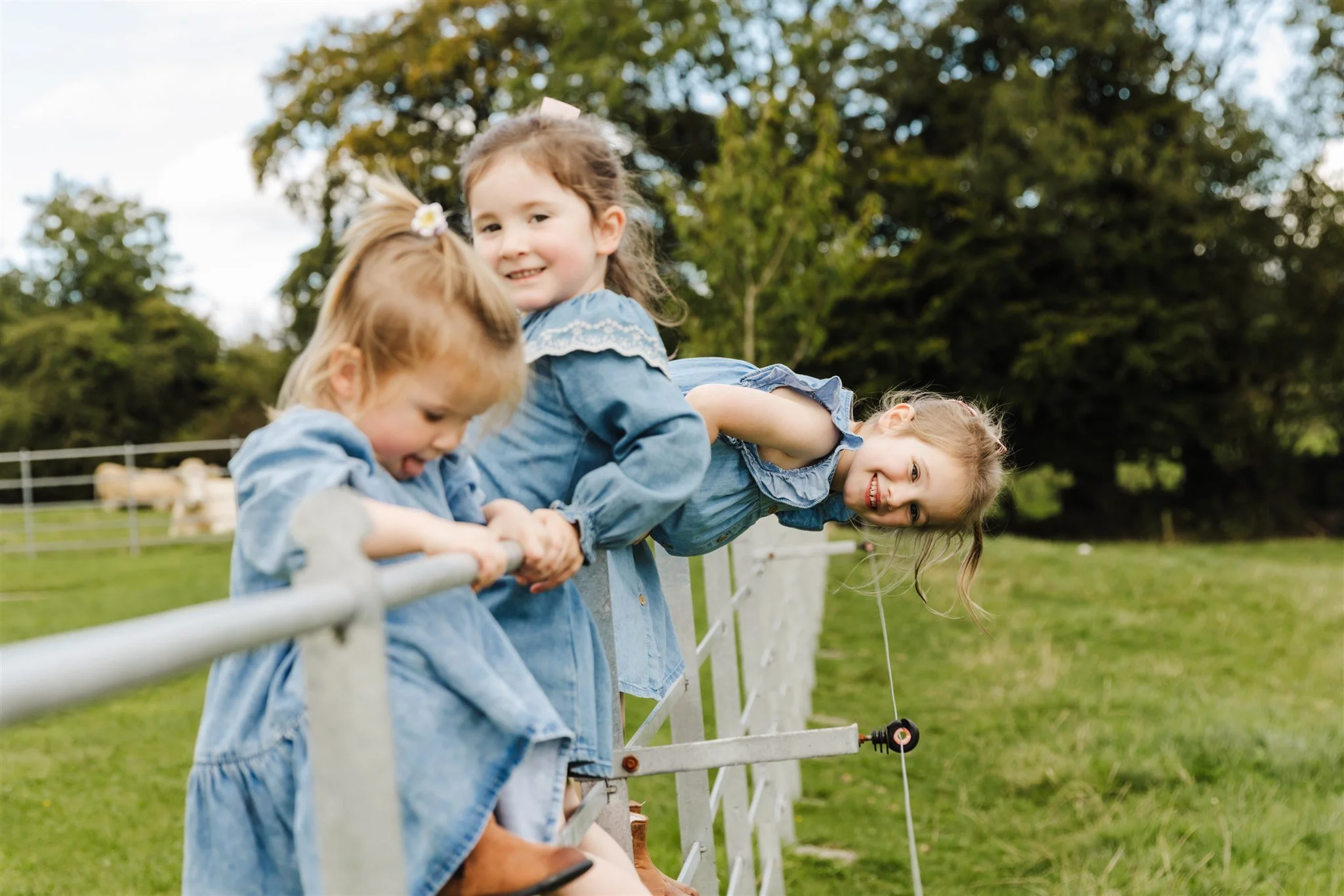 Three young girls in denim dresses leaning over a white fence on a grassy field, smiling and enjoying a day outdoors with trees and a cloudy sky in the background.