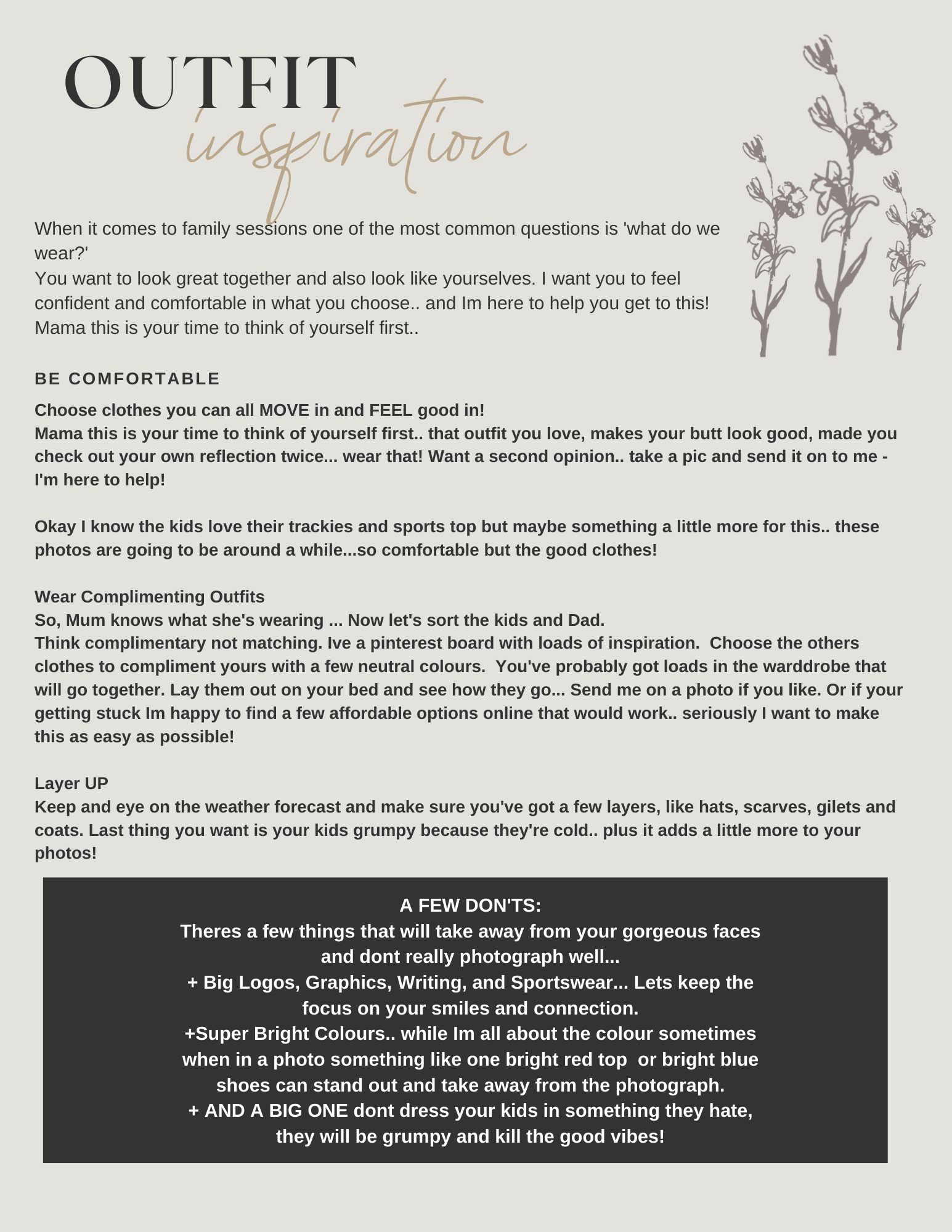 Informational flyer about family outfit inspiration and tips for dressing kids. Features decorative flowers in the upper right corner.