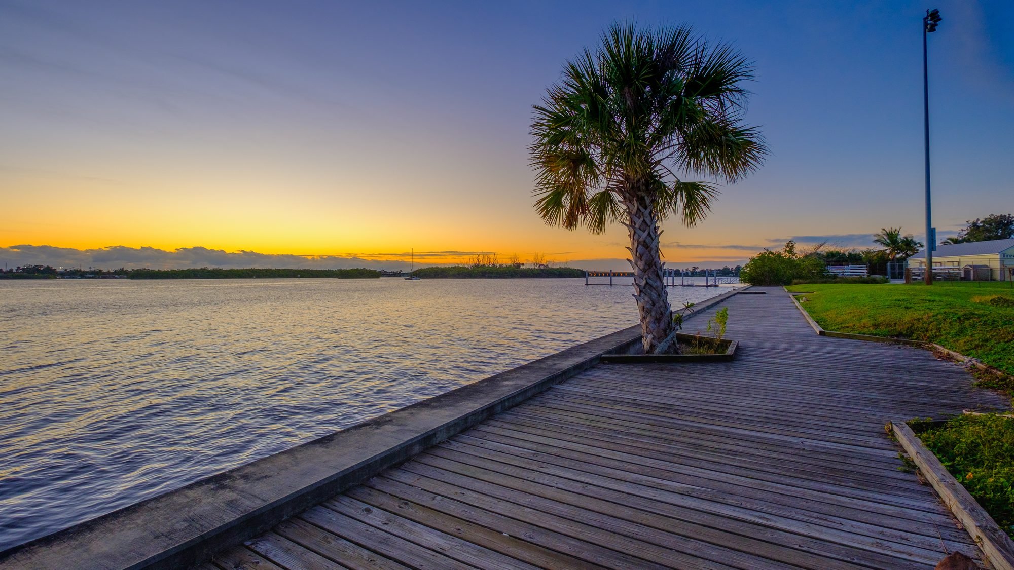 Riverfront boardwalk with a palm tree at sunset in Palm City, Florida