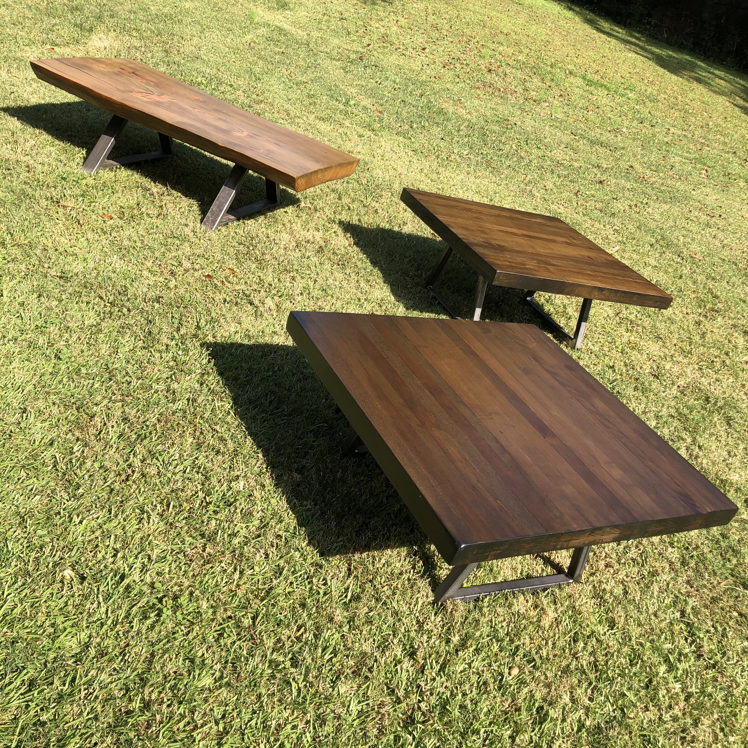 Custom live edge coffee table and a pair of custom end tables