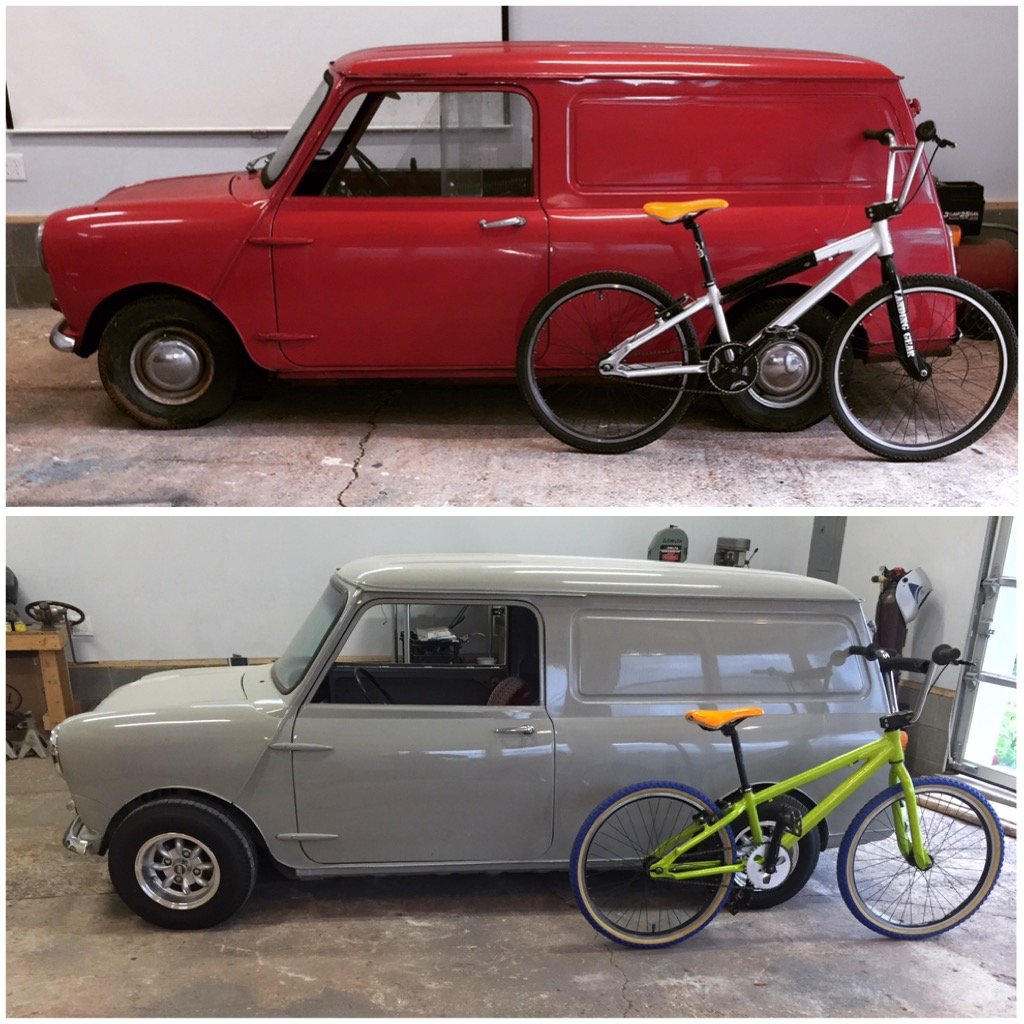 Before and After. 1969 Austin mini Panel van and SE Racing Floval Flyer