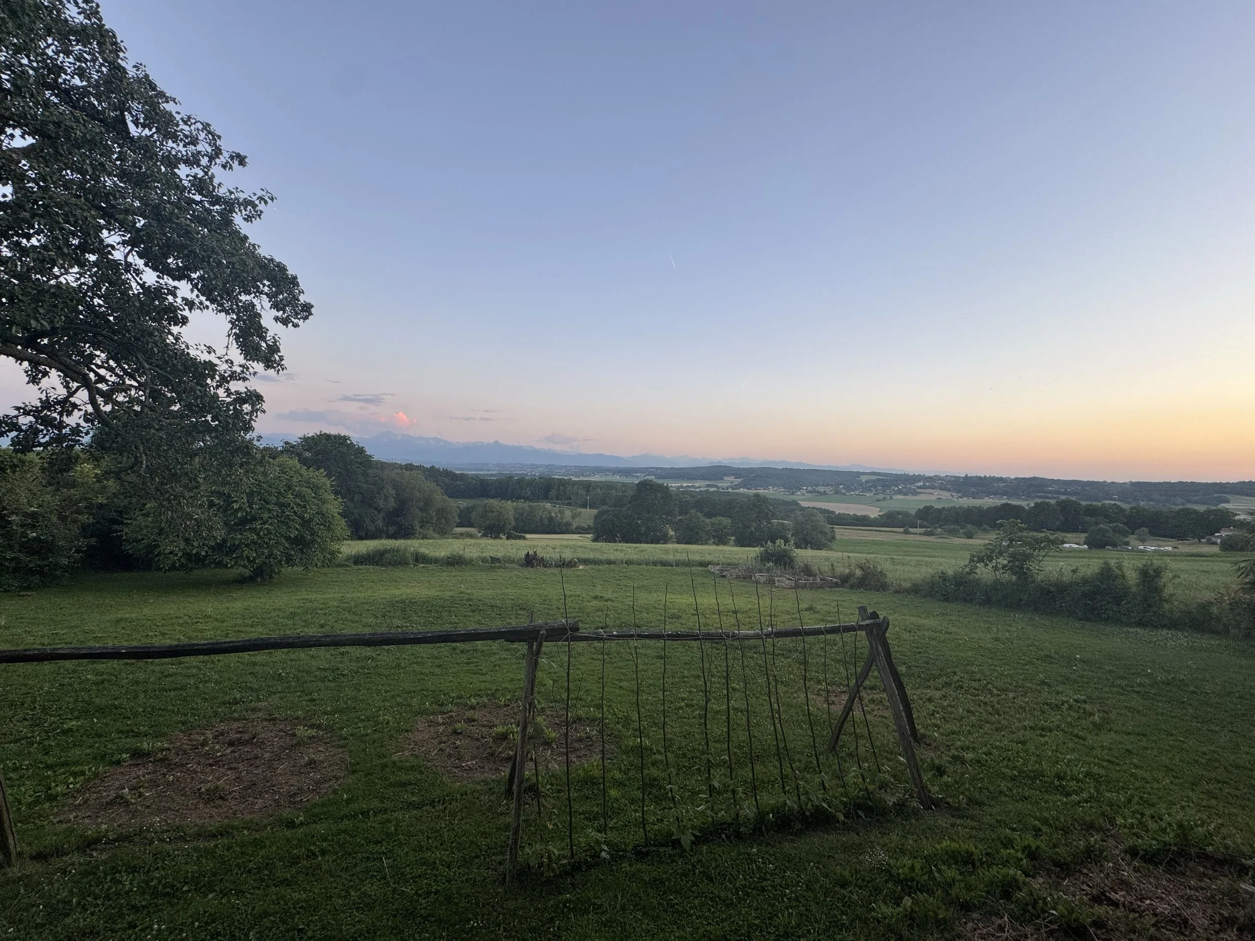 A scenic landscape of a green field with trees, distant mountains on the horizon, and a clear sky at dusk with a faint contrail.