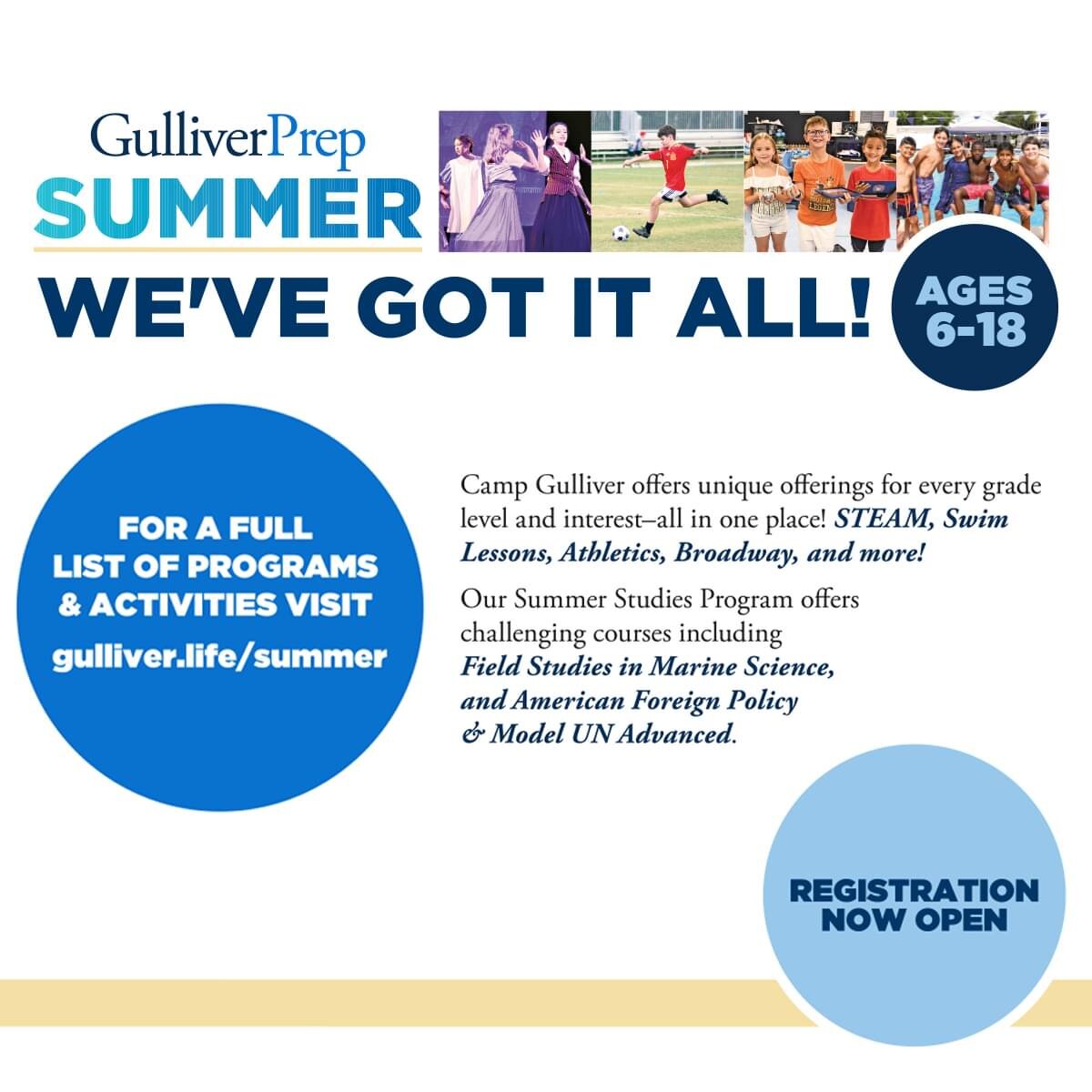 Gulliver Prep Summer has it all! Camp Gulliver offers unique offerings from STEAM, Swim Lessons, Athletics, Broadway, and more for ages 6-18 all in one place!

Register today at gulliver.life/summer.

#ProudRaiderFamilies #GulliverPride #Gulliverdiff