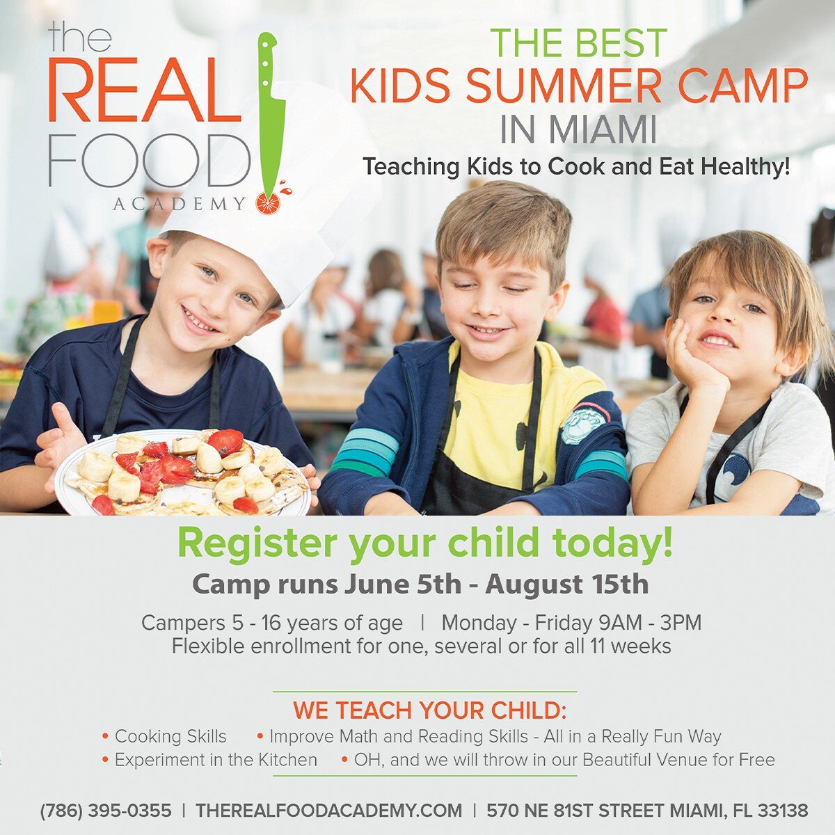 Real food, real fun and real friends! Kids from ages 5 to 16 are welcome to the @realfoodacademy summer camp to learn that real food can taste great! Cooking camp teaches your child to make healthy choices, helps develop their cooking skills, provide