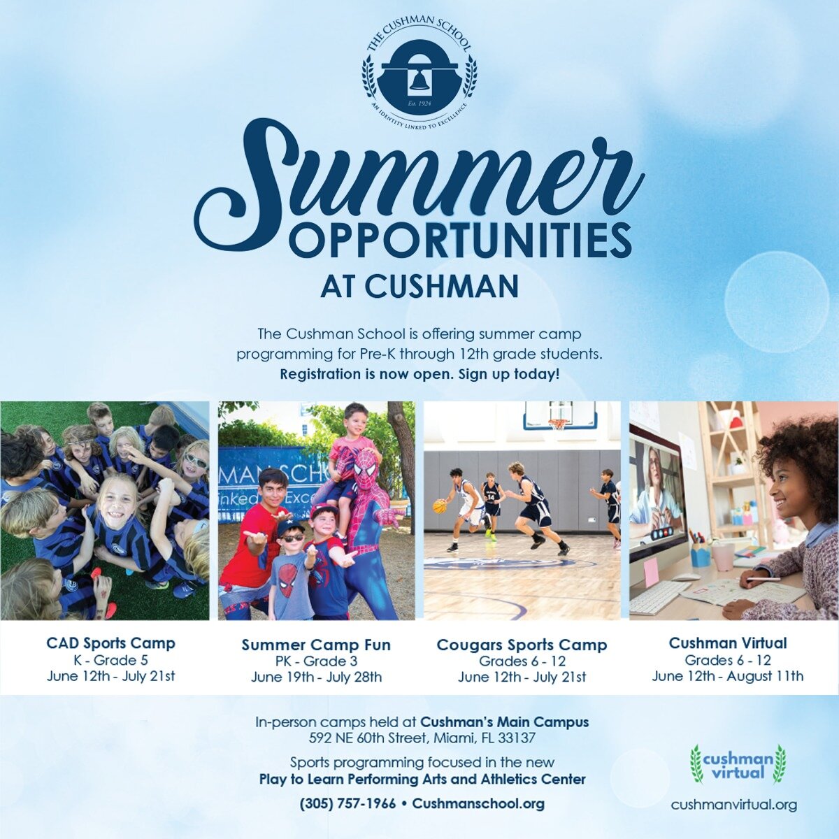 We are offering several summer camp options at Cushman for Pre-K through 12th grade students as well as Cushman Virtual academic, online programming for 6-12 graders! Looking to keep your children and teens productive, active and engaged this summer?