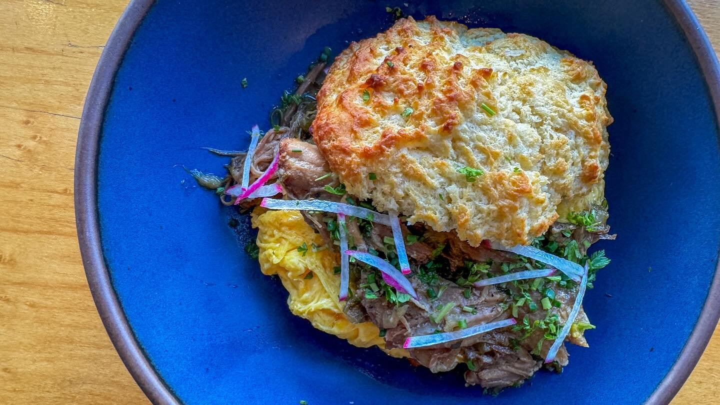 Our pork chile verde with a soft scrambled egg on a buttermilk biscuit! 

This is Mexican inspired biscuits and gravy. You&rsquo;re gonna want to have this. Maybe twice. Best eaten in the restaurant!