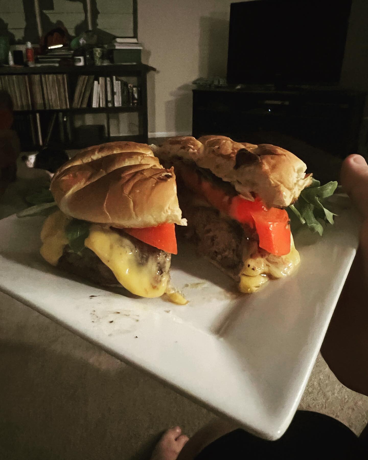 Burger time! Homemade is better.  Mustard, lettuce, tomato. Toast your bun. Worcestershire sauce, black pepper.  Let your meat rest for 15-20 minutes while the cast iron gets hot.  Thick patties need 4-5 minutes per side. Flip twice. Add Kraft Americ