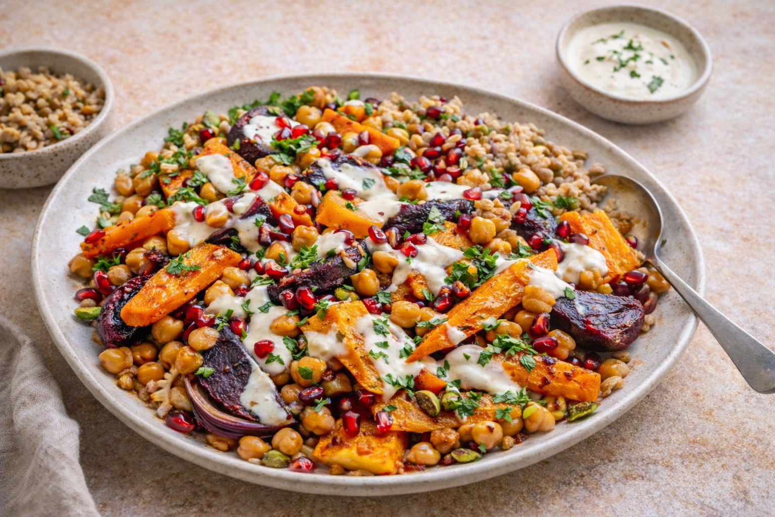 Roasted Butternut Squash, Beetroot, Carrots with Chickpeas and Tahini