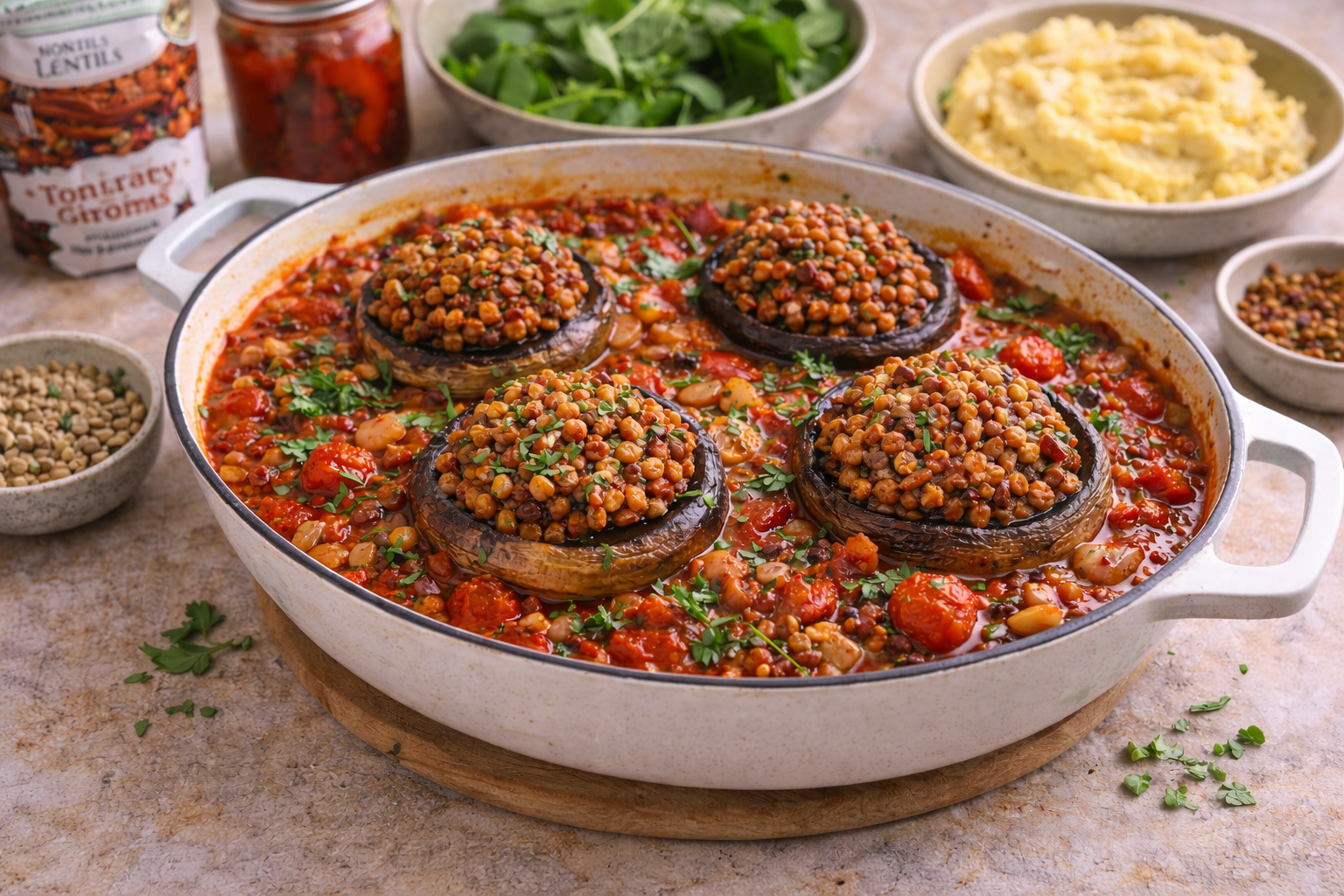 Rich Tomato and Carlin Peas Casserole with Portobello Mushrooms