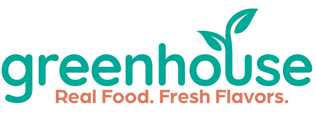 Greenhouse logo with a stylized leaf on the letter 'u' and the tagline 'Real Food. Fresh Flavors.'