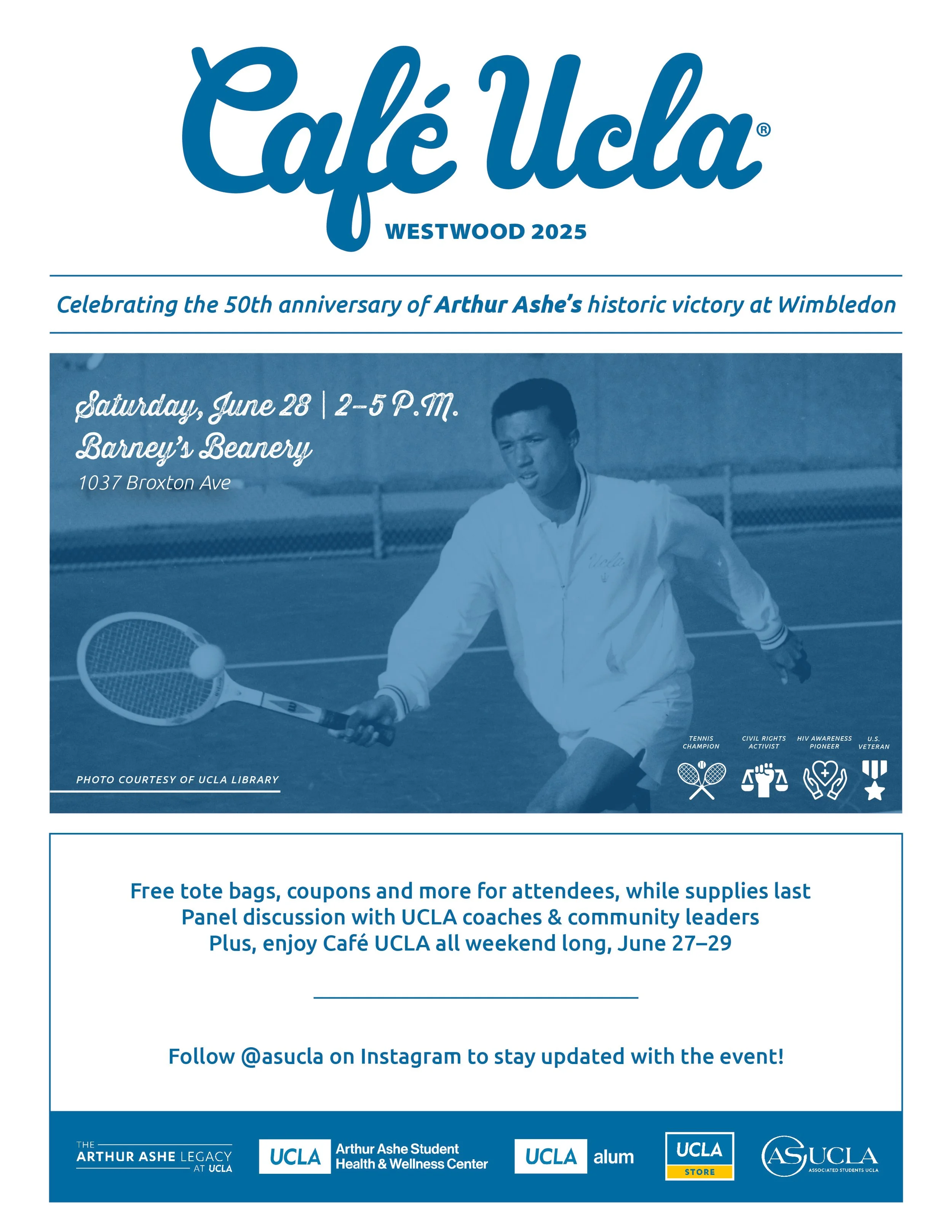 A graphic inviting Bruins to the 2025 Cafe UCLA event, featuring an image of Arthur Ashe playing tennis.