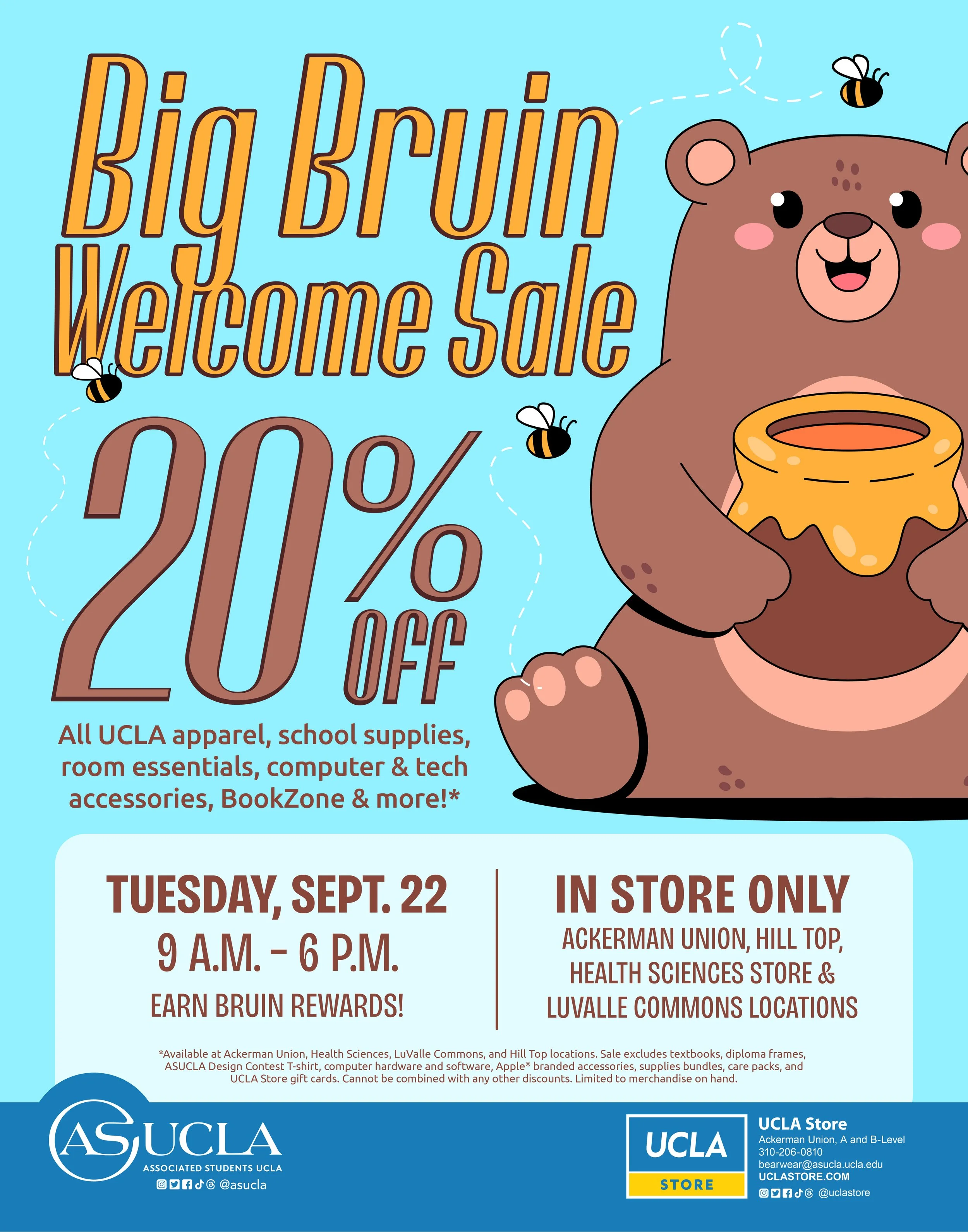 A sale graphic for the Big Bruin Welcome Sale featuring a cartoon brown bear holding a honey pot, with bees flying around the sale details.