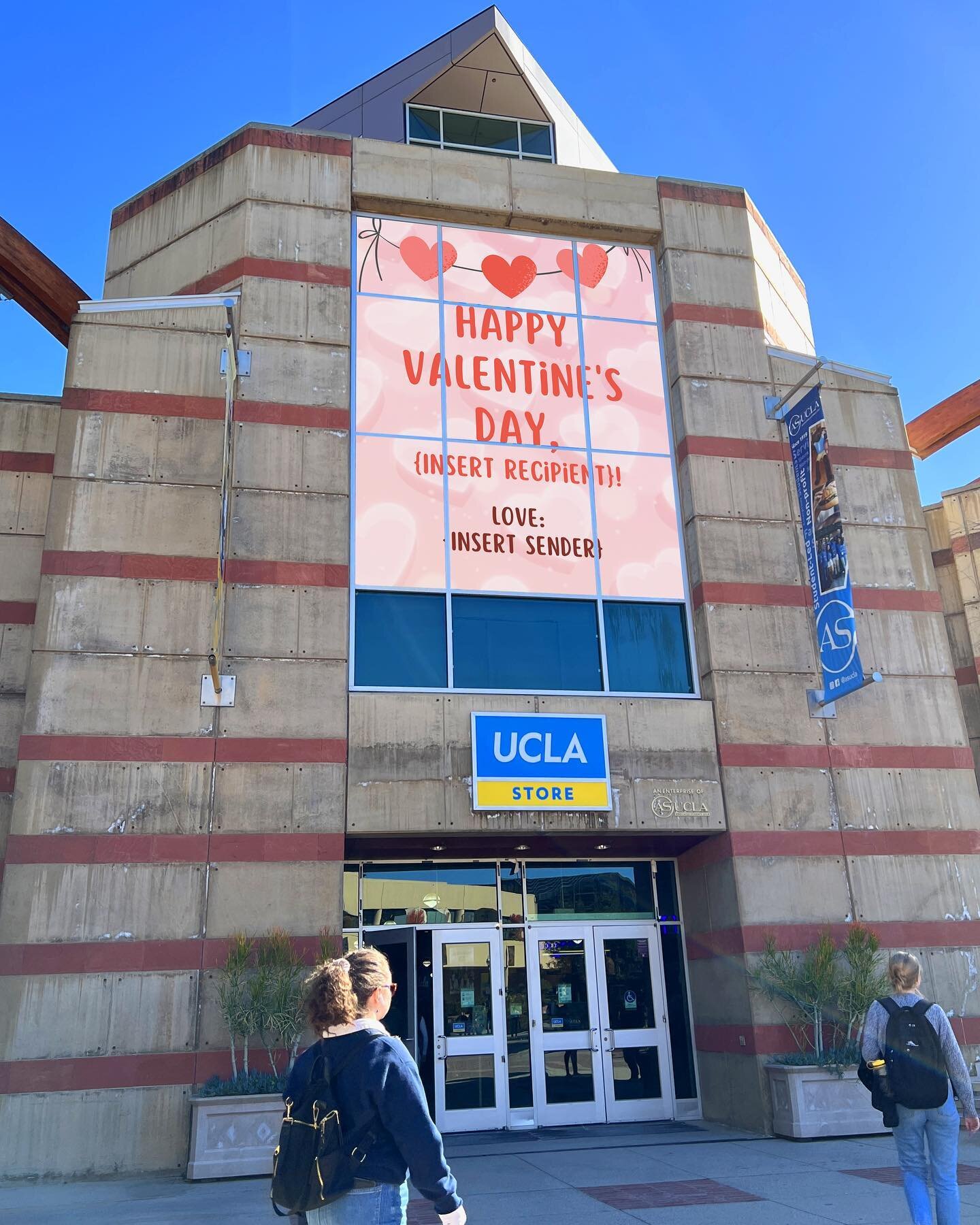 Spread the love this year by sending a Valentine's Gram to a friend or loved one 💕 Your message will be displayed on the digital sign above the UCLA Store on V-day! The deadline to purchase a Valentine's Gram is Tuesday, February 7th. 💝✨ 
 
Swipe f