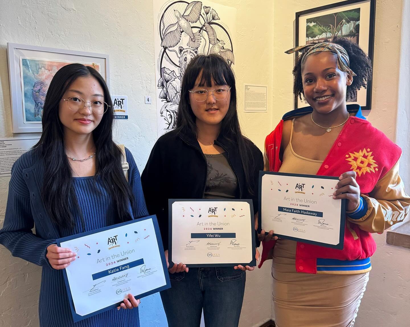 Congratulations to the 2024 Art in the Union winners! 🤩 Be sure to keep an eye out for their unique pieces when you&rsquo;re strolling through Kerckhoff and Ackerman!

Winners pictured above. From left to right: 
Katie Fang - &ldquo;Carousel&rdquo;
