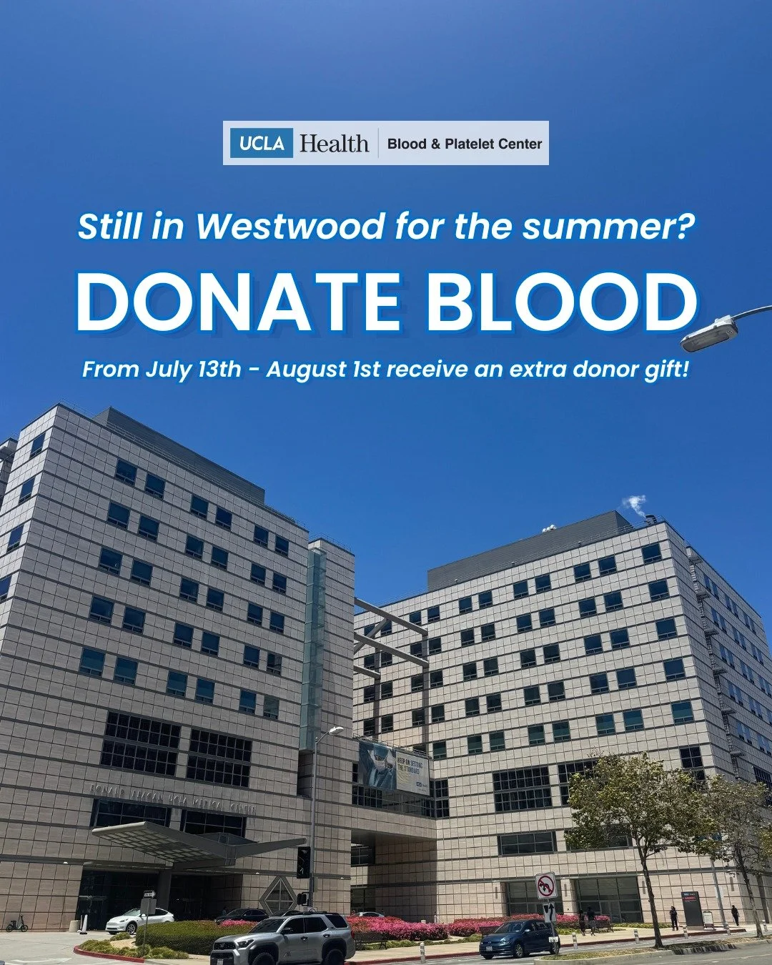 HEY BRUINS! Still on campus for summer break???👀 Summer blood and platelet donations drop by 33% compared to the academic year, so make an appointment today to donate at the UCLA Blood and Platelet Center! When you make a donation from July 13th - A