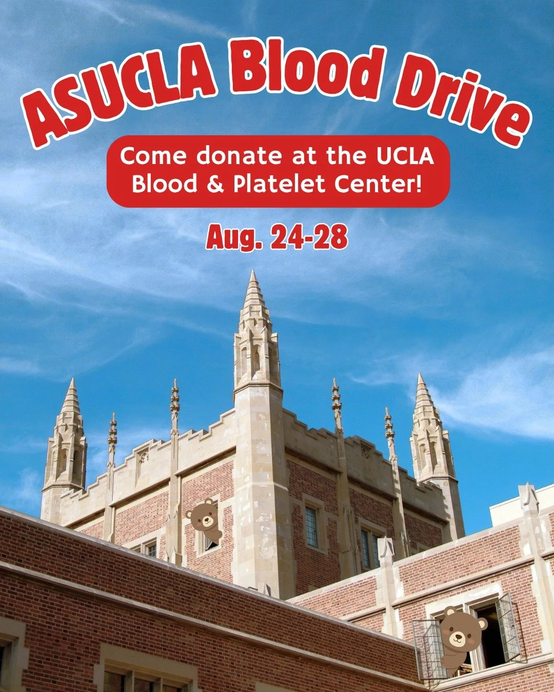 Bruins🐻!! Come donate blood at ASUCLA's WEEK LONG blood drive🏥!

Join us on August 26th at the UCLA Store Patio to sign up in-person🤩