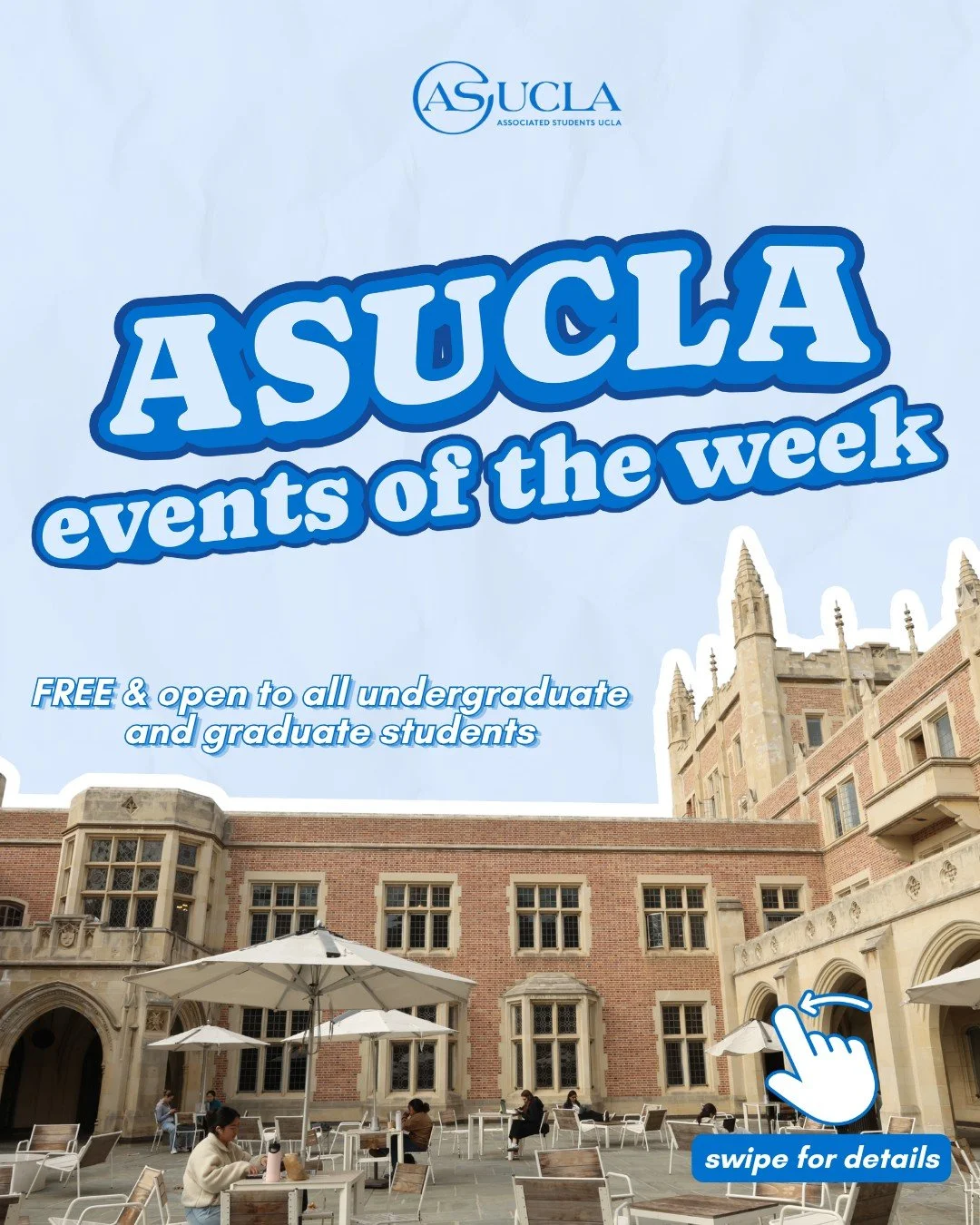 🌟WEEK 0 PROGRAMS🌟

Hope all of our Bruins had a fun, restful summer! The school year is BACK, and so are ASUCLA programs. We hope to see you in and around Ackerman Union and Kerckhoff Hall this week😎

*Event attendance is subject to capacity limit