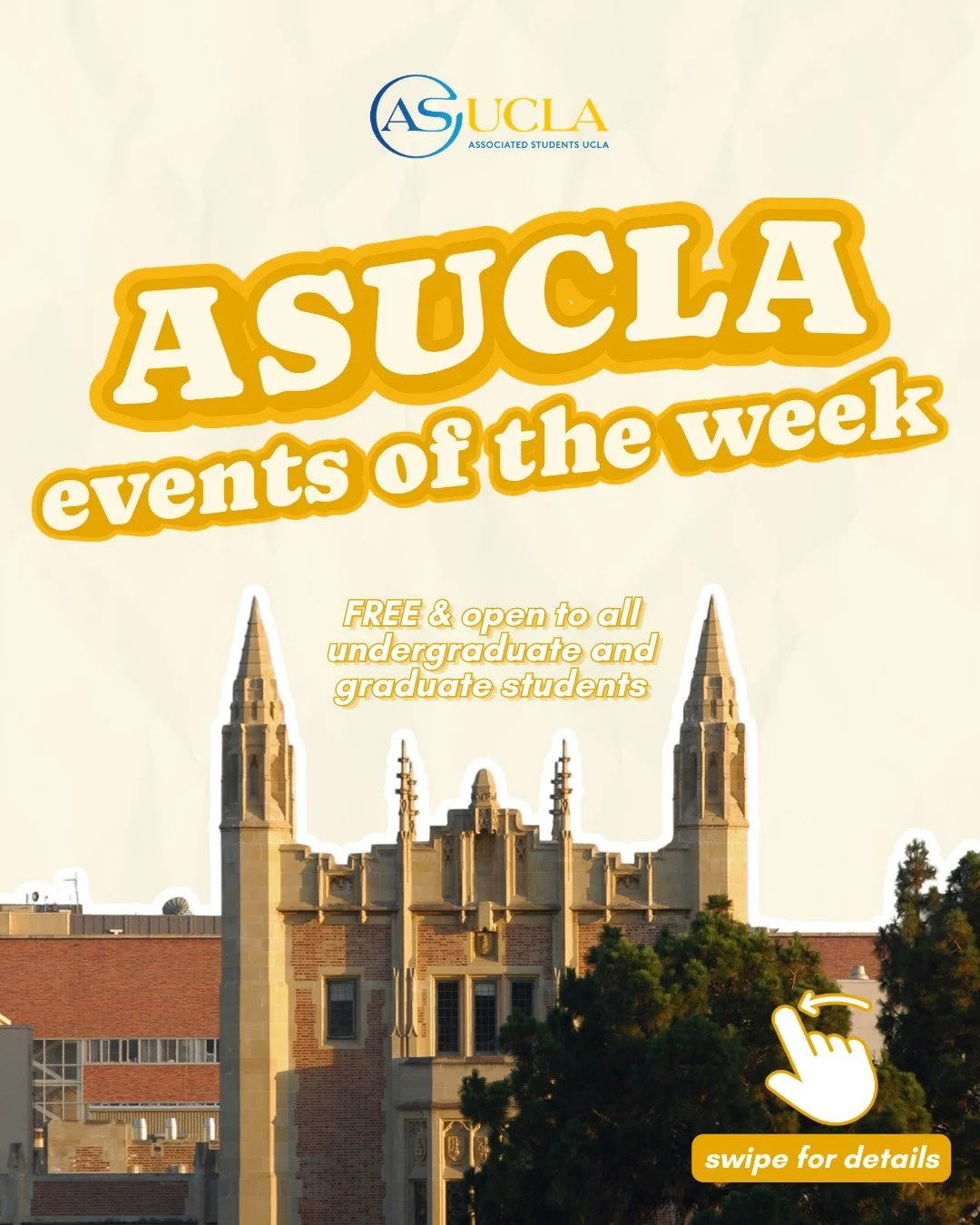 🌟WEEK 3 PROGRAMS🌟

Another week of some fun and FREE student programs... and I think you all will really like the last slide🤭

*Event attendance is subject to capacity limits

#asucla #ucla #uclastore #studentprograms #uclabruins