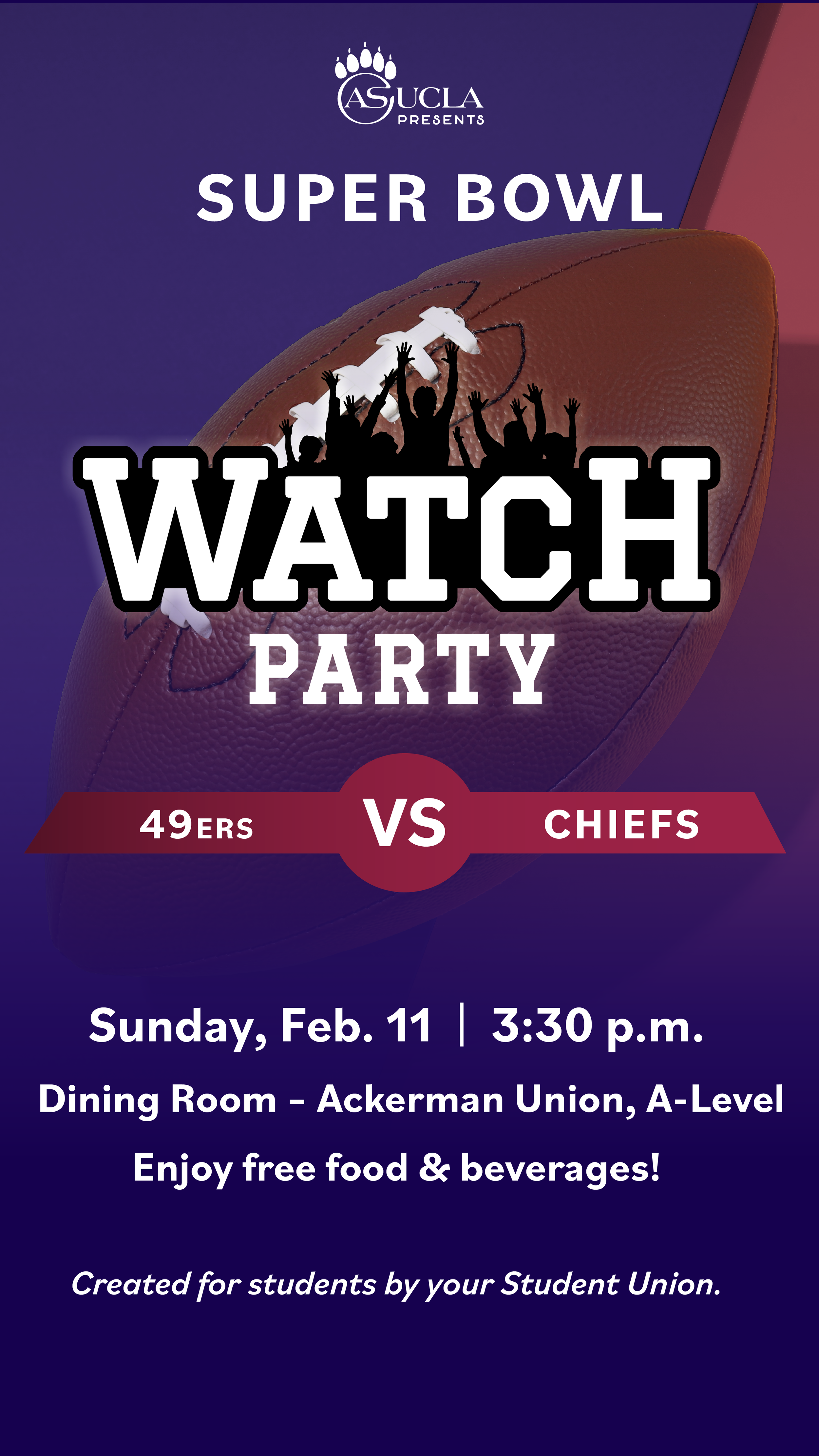 A purple flyer featuring a football graphic and an outline of fans cheering, inviting all to a watch party.
