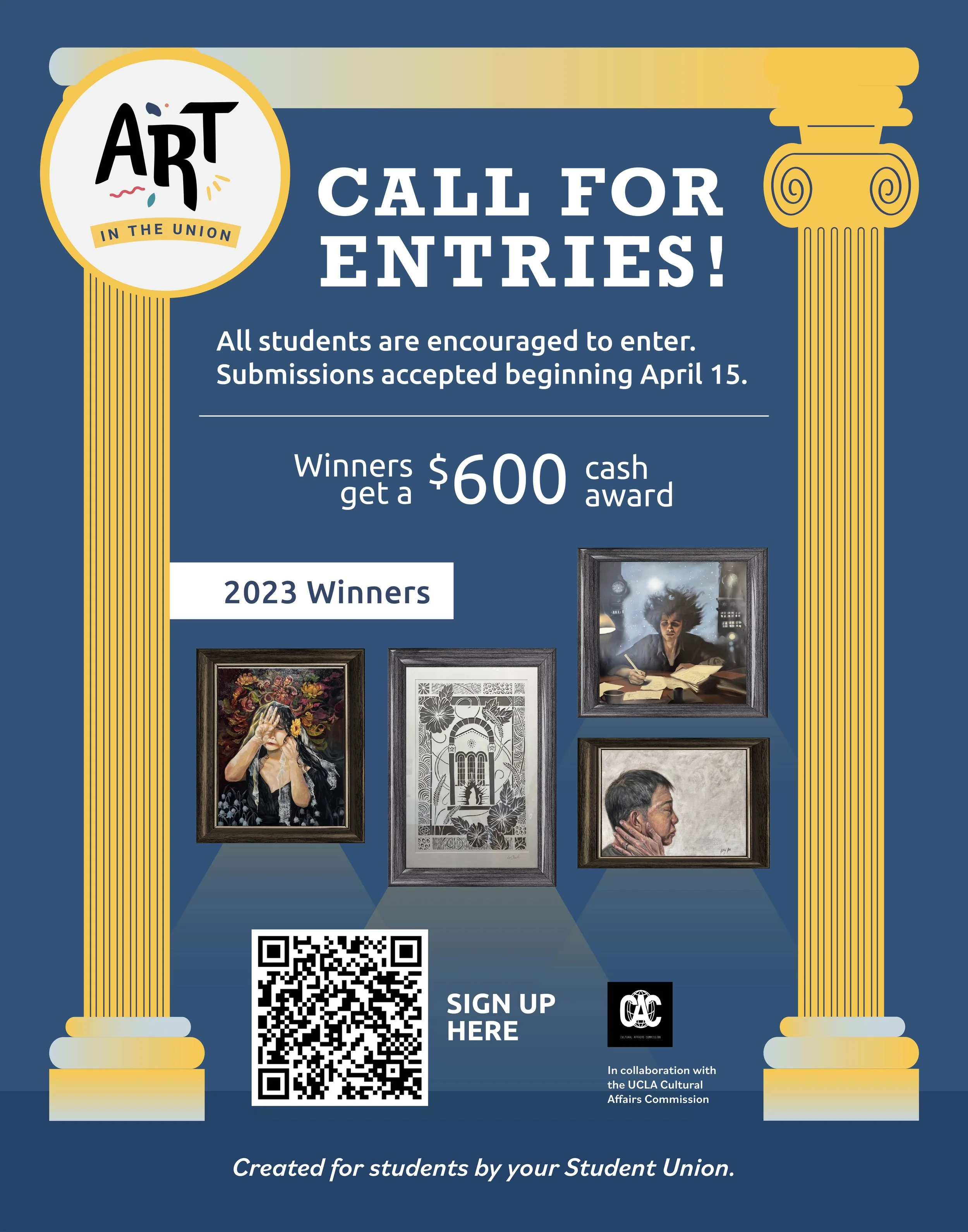A blue and yellow graphic featuring miscellaneous framed art work advertising a call for art entries.