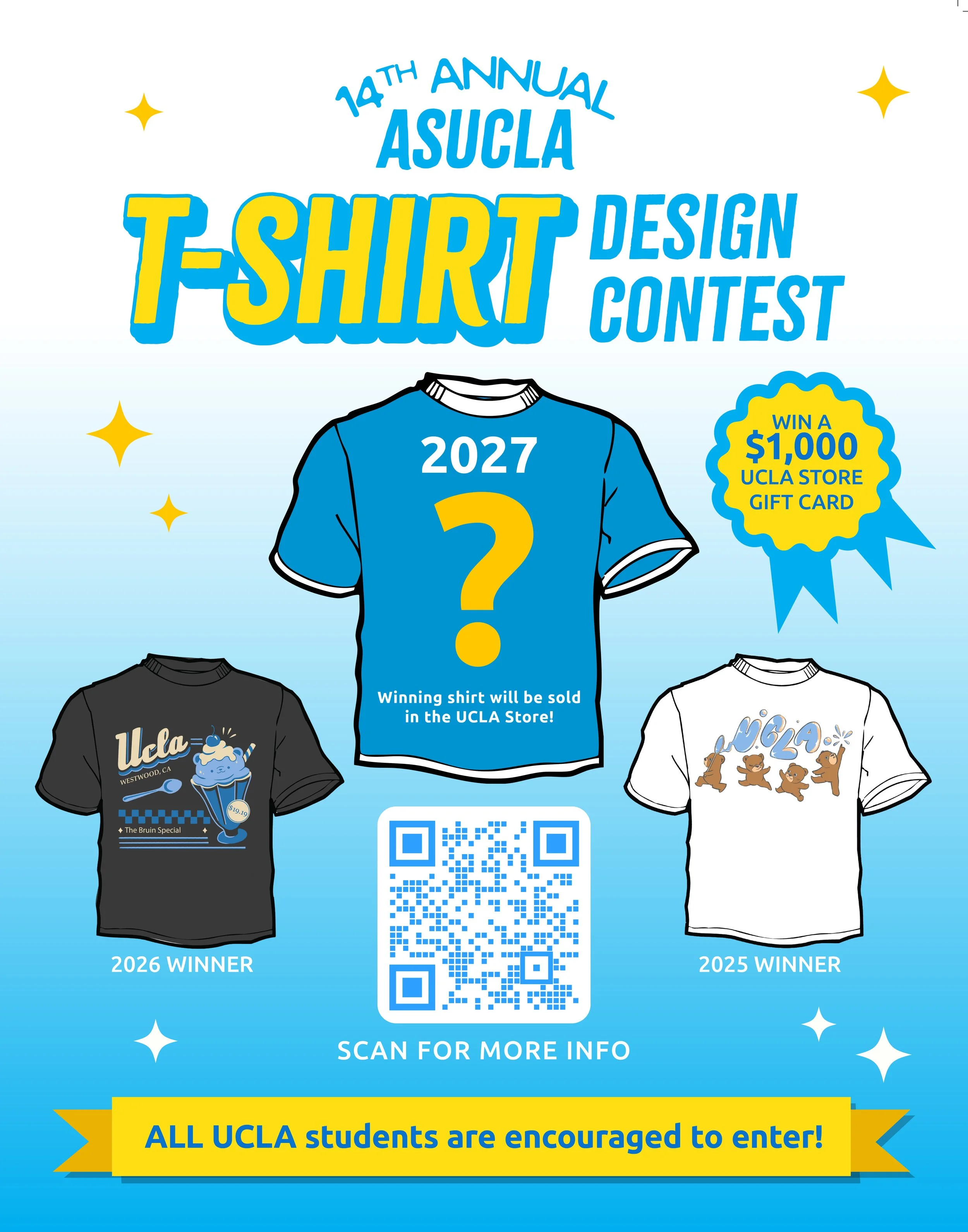 A graphic featuring three T-shirts, with the center shirt featuring a question mark as a place holder of the next ASUCLA T-shirt Design Contest winner.