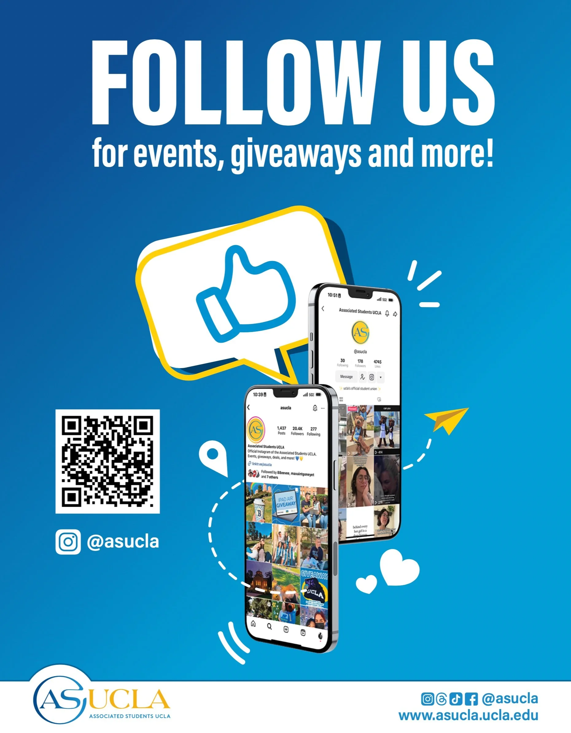 A blue graphic featuring images of two iPhones with the ASUCLA social media profiles on the screens.