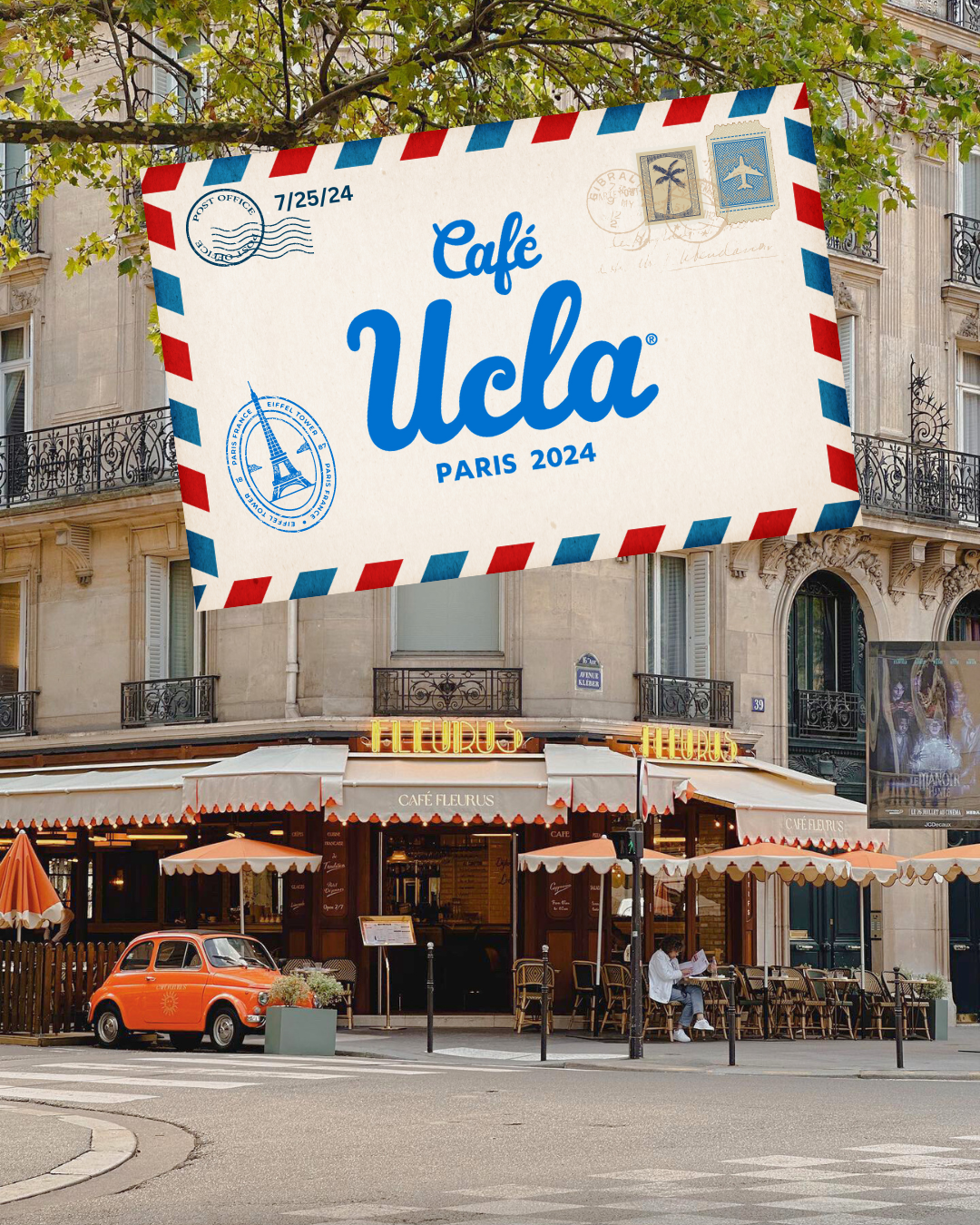 A postcard featuring the Cafe UCLA logo is center frame in front of an outdoor cafe in Paris.