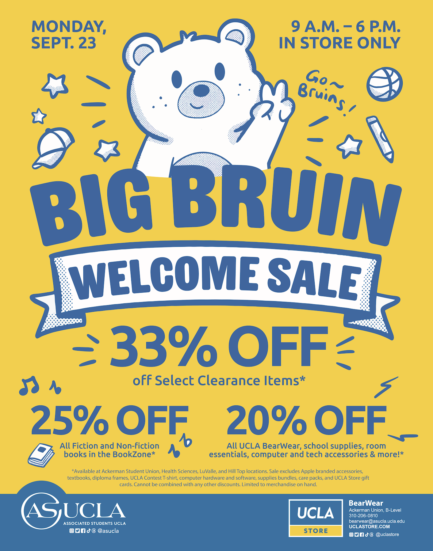 A yellow sign with blue text advertising the Big Bruin Welcome Sale with details about the promotions.