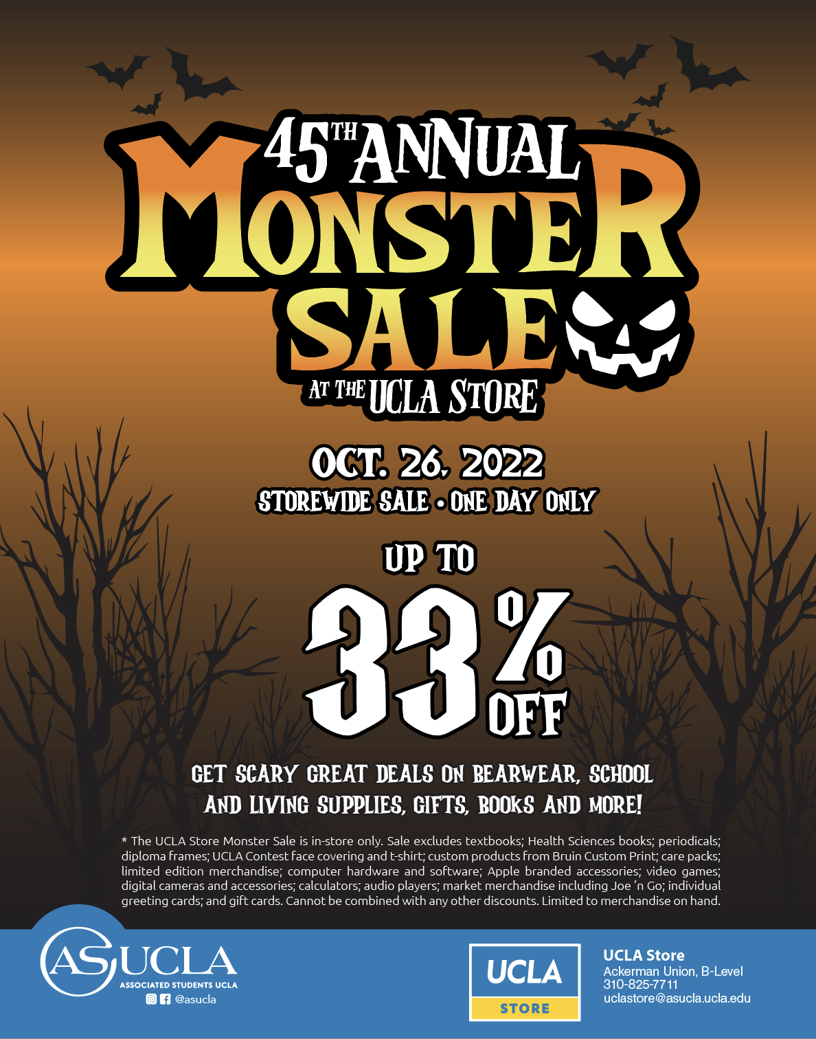 45th Annual Monster Sale graphic with orange and black gradient background and leafless trees