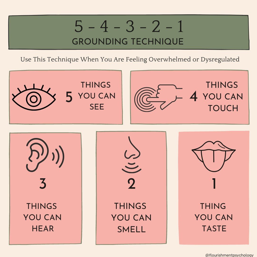 Grounding can be so helpful when we are feeling emotionally overwhelmed, out of our bodies, or on the brink of a panic attack. Next time you feel that way, try orienting yourself to where you are in that present moment by doing 5-4-3-2-1. Start with 