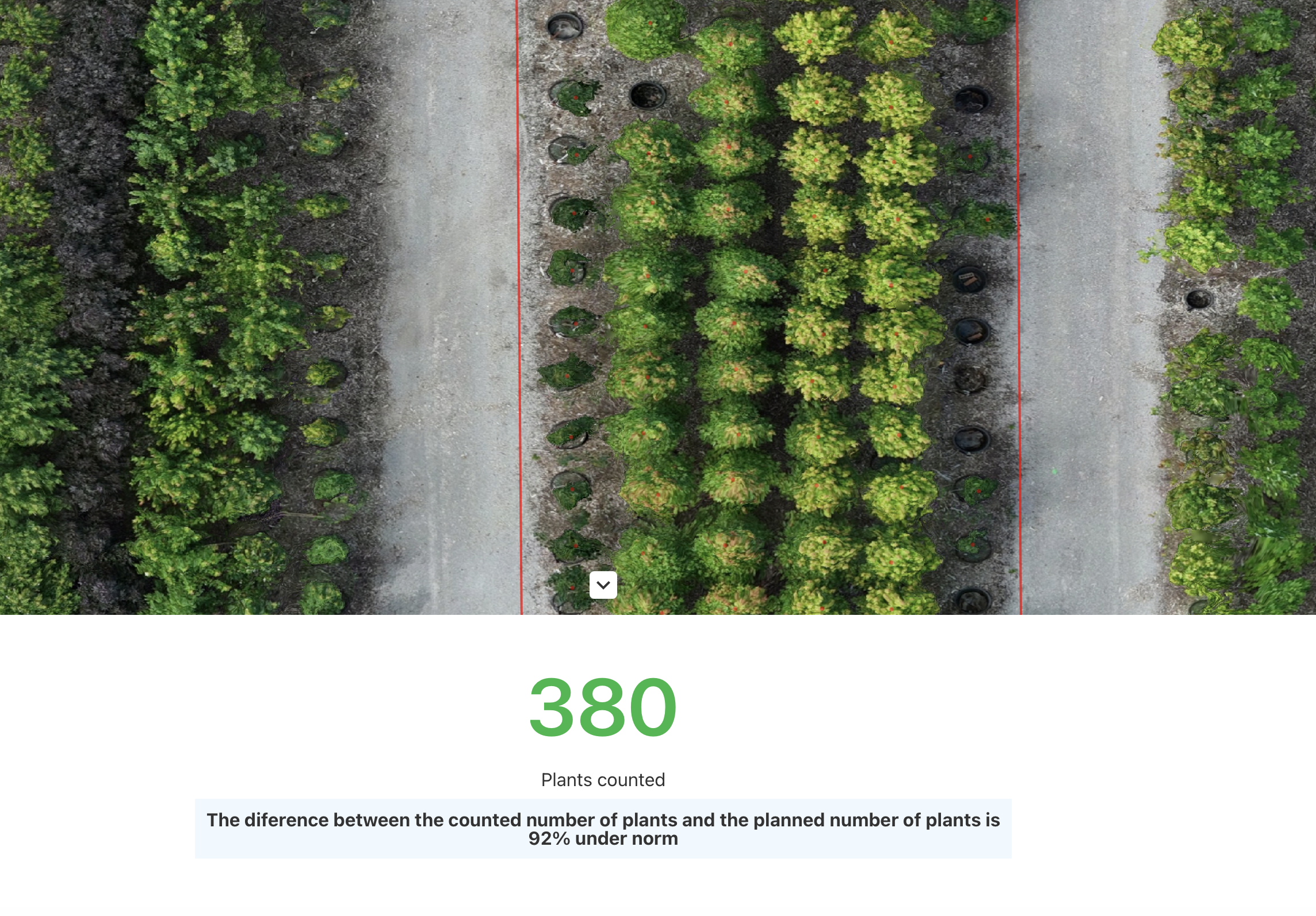 An aerial view of a garden with rows of various plants, trees, and empty plant containers. The plants are organized in neat rows with pathways in between, and there is a numerical display showing '380' plants counted, with a note about the norm.