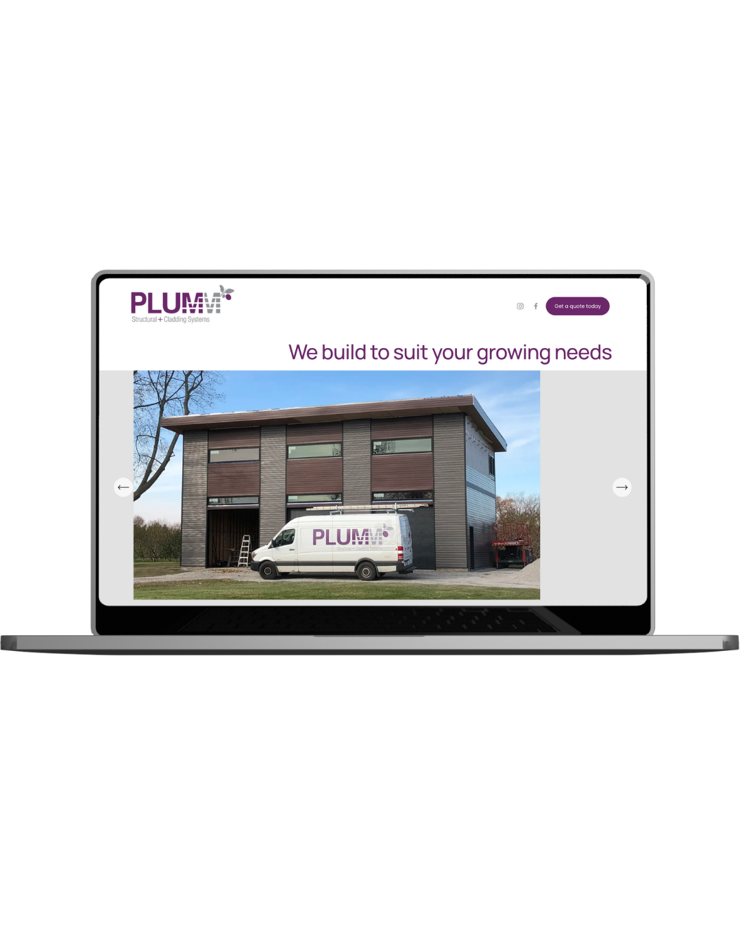 A laptop displaying a website for PLUMM, a company specializing in structural and cladding systems, with a building and a company van in the background.
