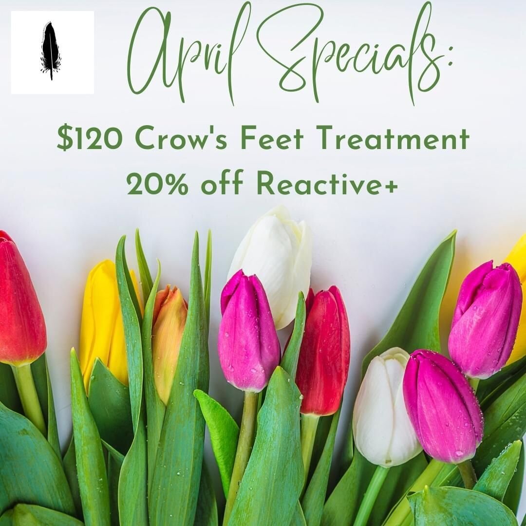 Don't forget to schedule an appointment to take advantage of our APRIL specials!
Tox treatment of the lines around your eyes (crow's feet or laugh lines) for only $120
PLUS 20 percent off of our amazing SPF 45 serum sunscreen!
Get ready for summer an