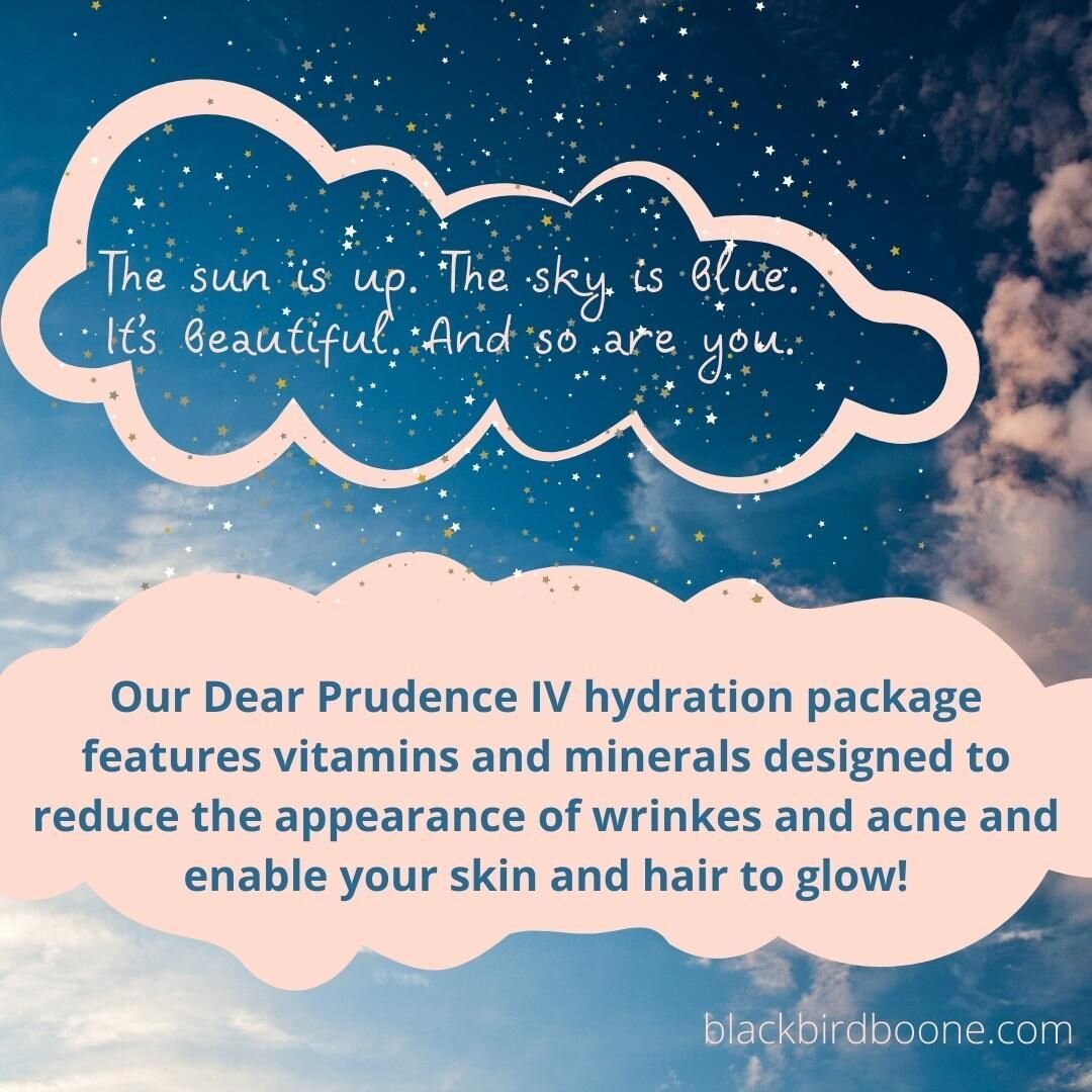 This week only our Dear Prudence cocktail is $120 ($40 off!!).
We still have some openings for IV hydration Wednesday evening and Saturday afternoon.
Schedule online at blackbirdboone.com or by calling 828-865-7425.

#ivvitamins #ivhydration #ivhydra