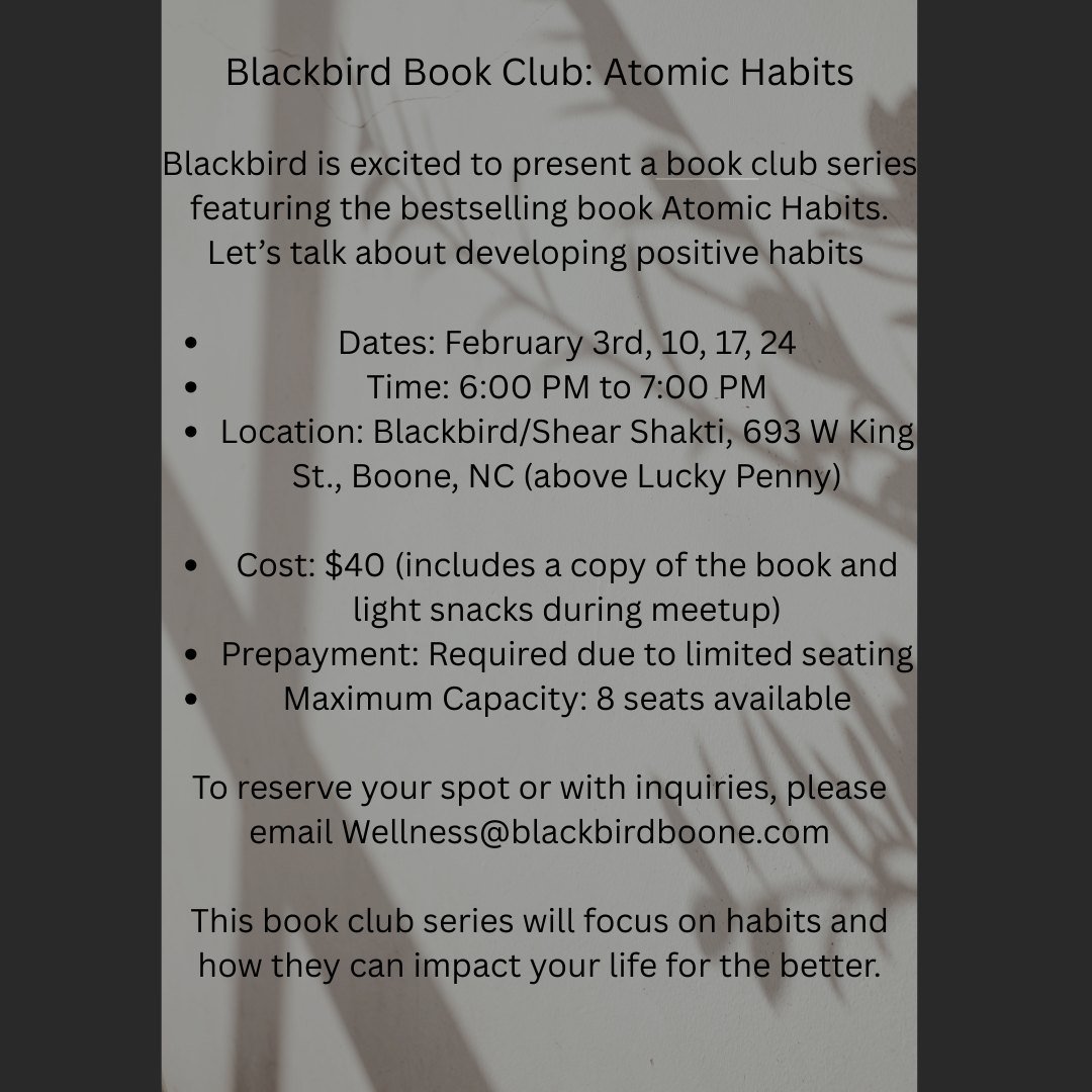 Did you know...Nurturing relationships and developing connections is a great way to practice self care. Join us at our first ever Blackbird book club meet up! 
To register wellness@blackbirdboone.com