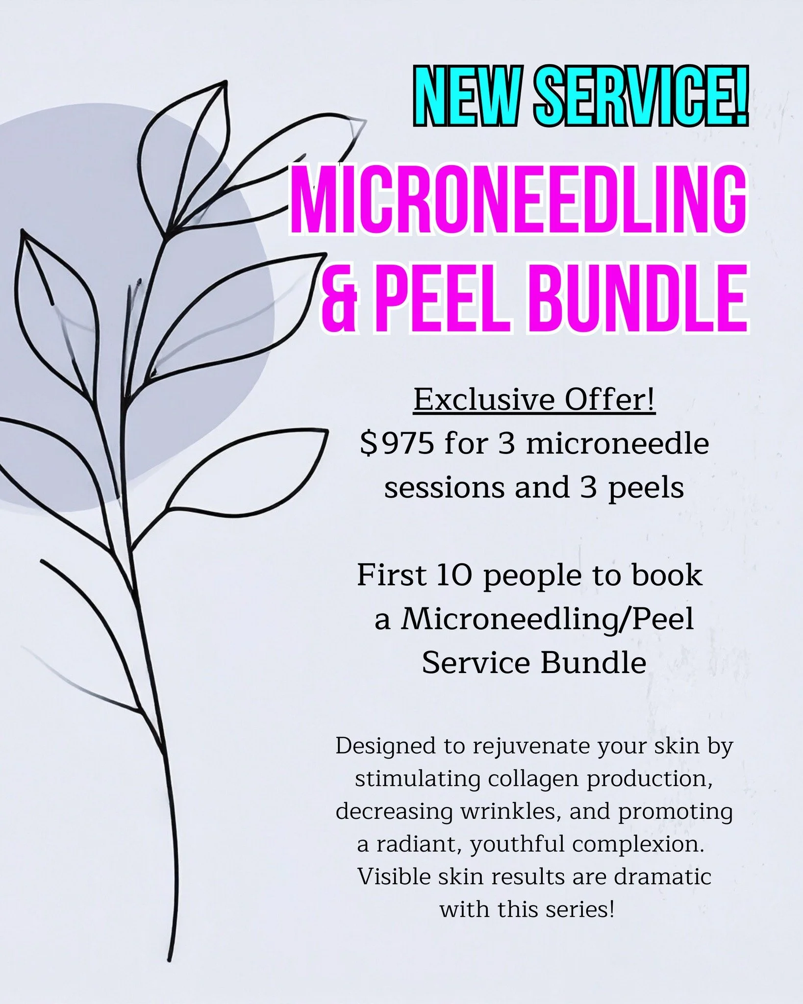 To celebrate our new services of micro-needling and peels, we are so excited to offer an unbelievable discount to the first 10 clients that book this bundled service.

If you have been considering these services now is the time to book!

Comment BUND