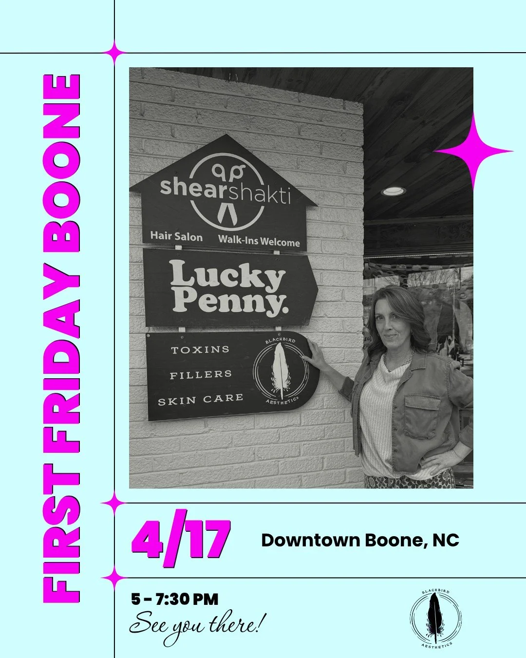 Fri- yay takes on a new meaning! Join us for first Friday on 4/17 from 5 to 7:30 PM. Blackbird along with @shearshakti and @luckypennyboone  look forward to seeing you. Come, learn more about Blackbird services.